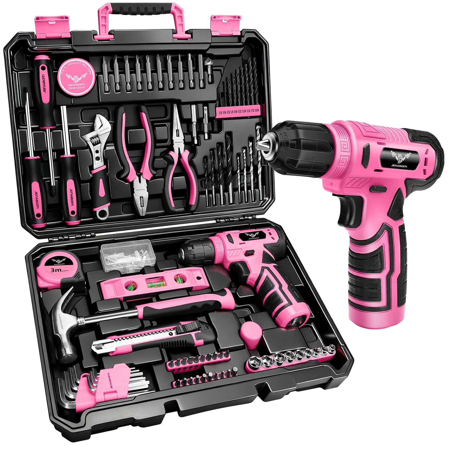 JENABOM Pink Tool Kit: 127-Piece DIY Set with 8V Cordless Drill, Electric Drills & Hand Tools for Women โ image 1