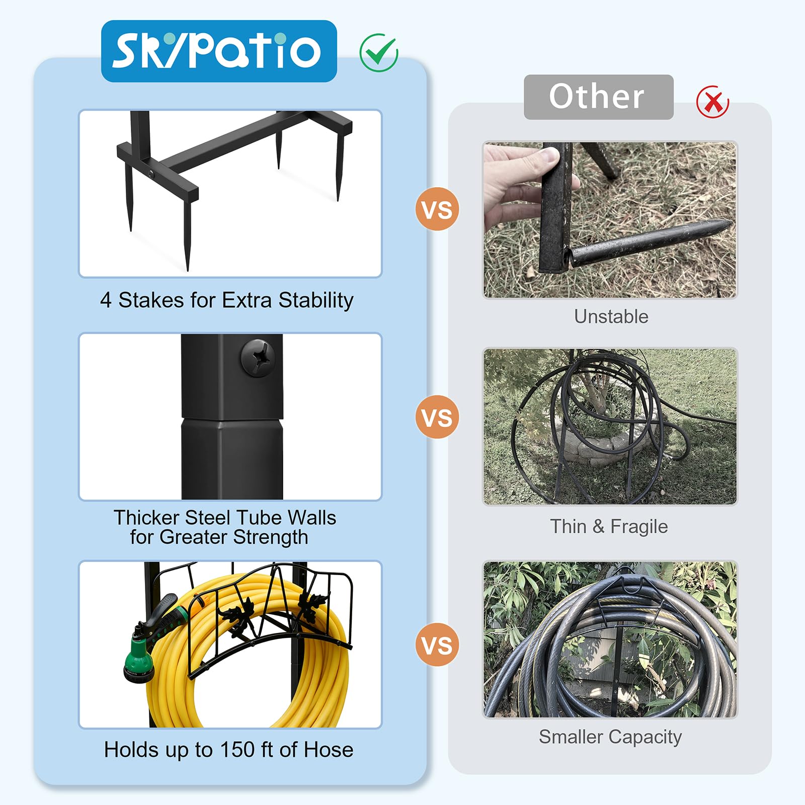 Skypatio Outdoor Garden Hose Holder, Heavy Duty Metal Water Hose Holder Holds 150ft Hoses Freestanding Hose Storage Stand with 4 Stakes, Rust-Resistant Hose Hanger for Outside