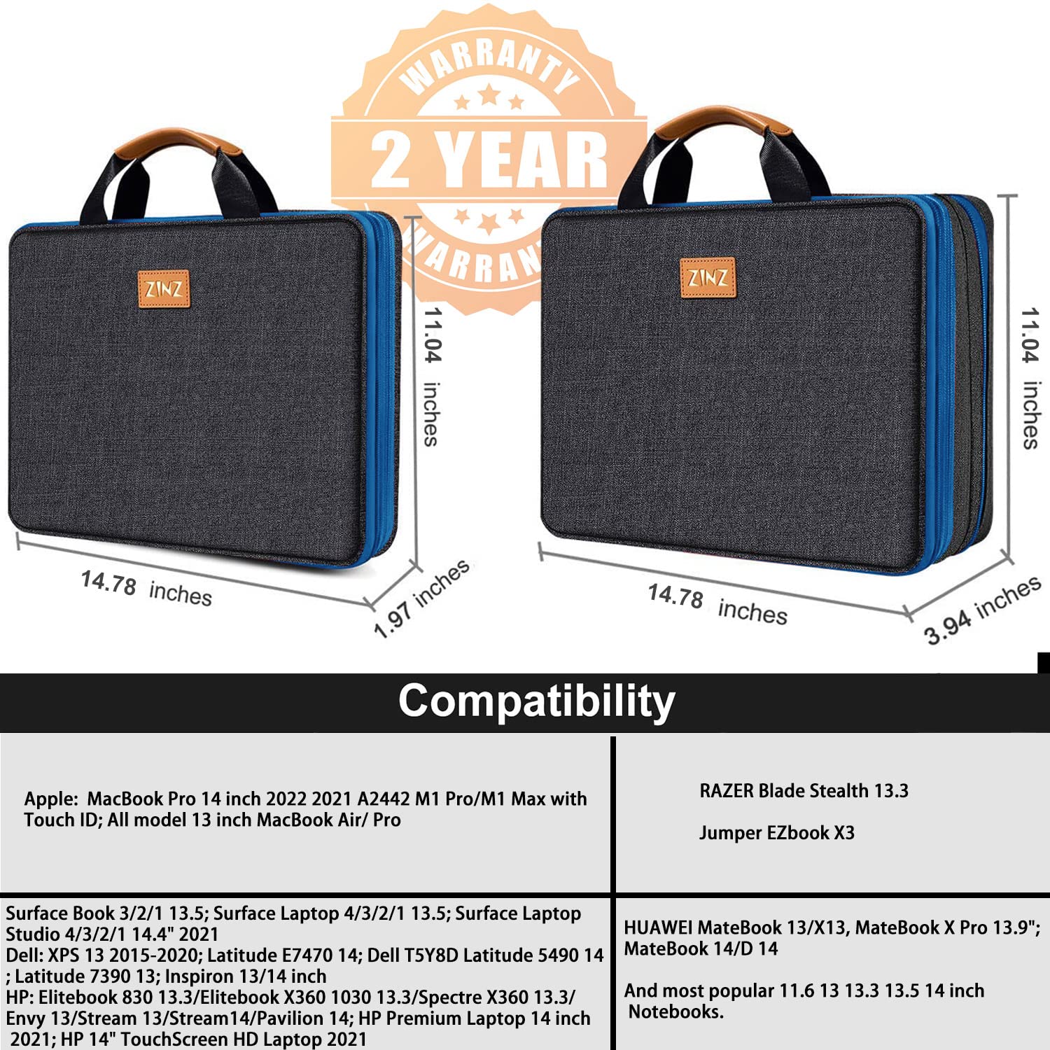 ZINZ Schlanke und Erweiterbare Laptop Tasche 13 13.3 13.6 14 Zoll Hülle Langlebige Recycelte Aktentasche für MacBook Air/Pro 13-14 M1 M2 M3 2021-2023 Pro/Max,13.5 Surface Laptop 4/3,B02K03
