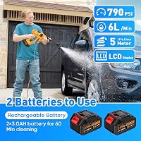 MYPIN 790 PSI Hordozható Vezeték Nélküli Magasnyomású Mosó LCD Kijelzővel, 2 Akkumulátor, 6az1-ben Fúvóka - 790 PSI, 2 Batteries, Yellow 6