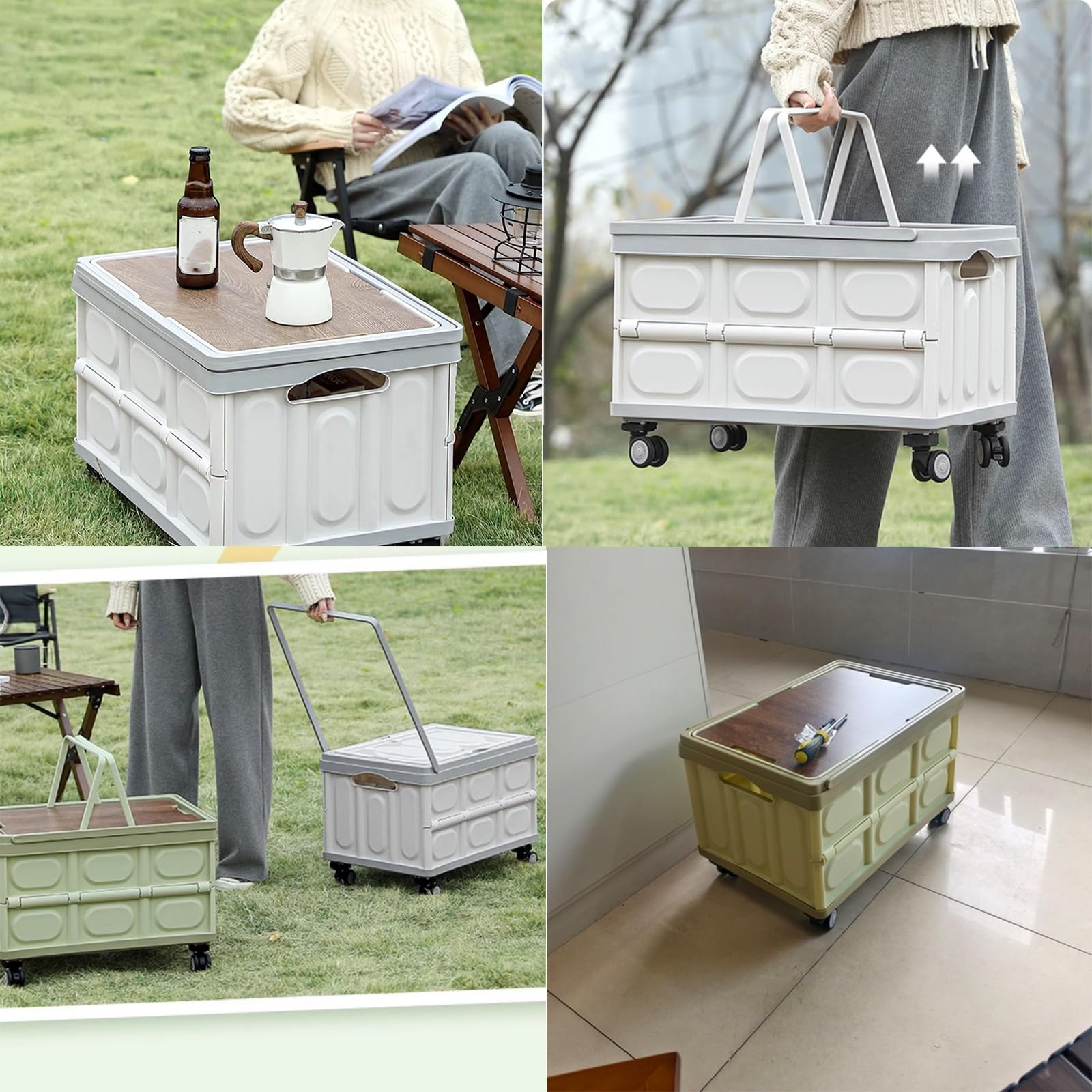 Outdoor-Camping-Aufbewahrungsbox mit hohlen Griffen, tragbarer Hand- oder Ziehwagen, abnehmbarer Holzdeckel, 18 l Fassungsvermögen, für Campingausrüstung und Zubehör