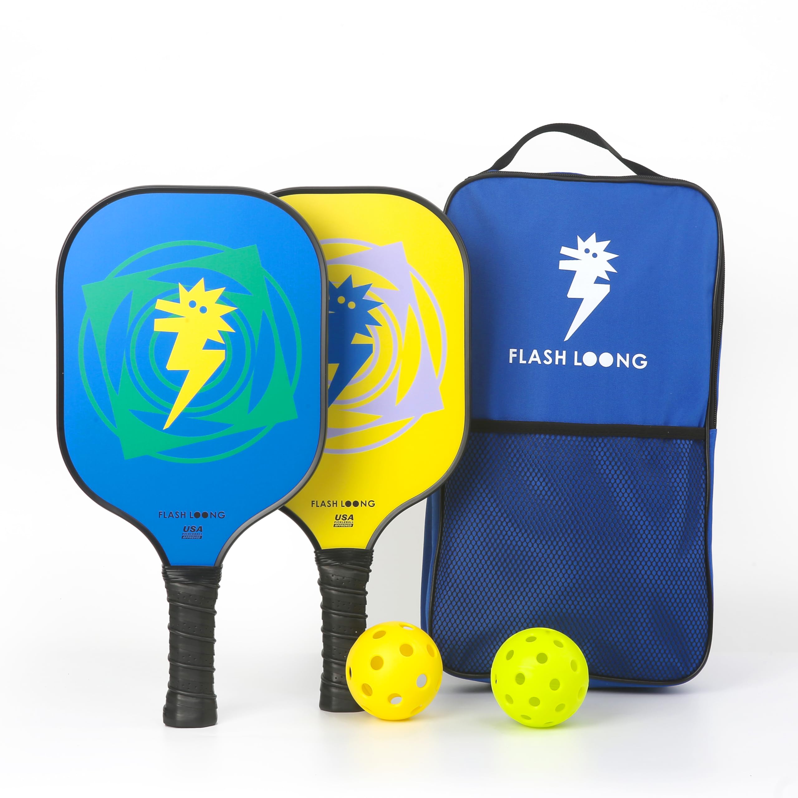 Pickleball Paddles Set of 2 Yellow and Blue, Outdoor Pickleball Paddles Cute Fiberglass, with 2 Balls and Bag, for Womens Girl Kids Men