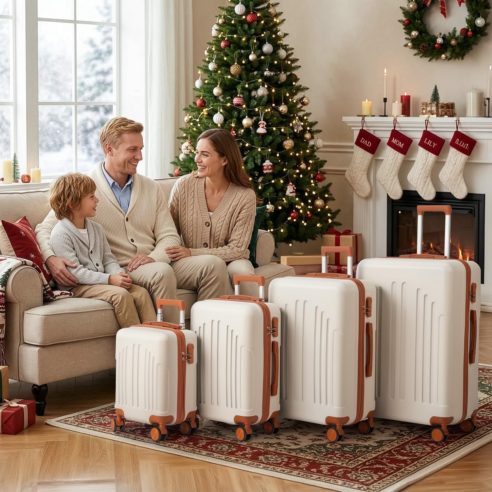 LALAHO Set de 4 Valises de Voyage, Valise Grande Taille/Cabine, Petite Valise, Bagage Suitcase en ABS (Beige-Brun)