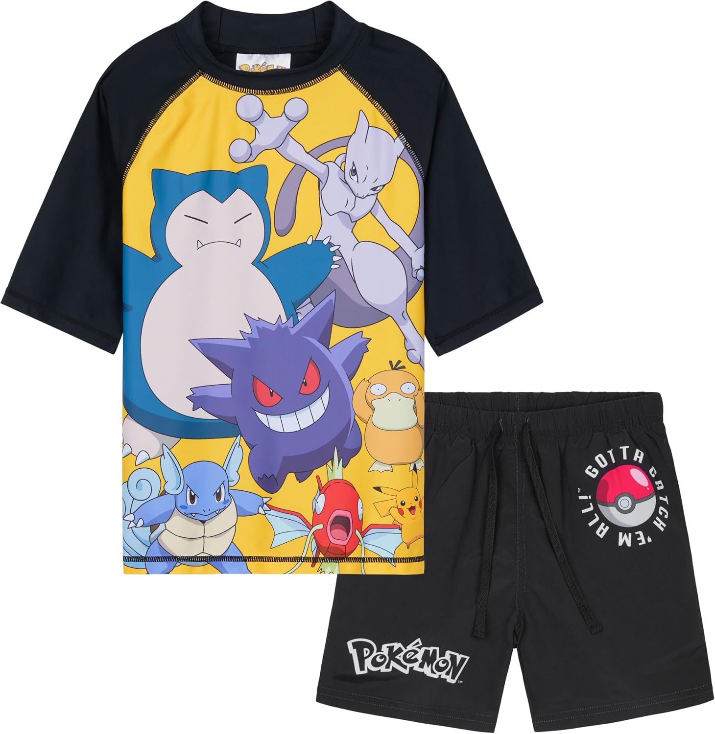 Get Trend Pokemon Bathing Suit Set for Boys Teens 2 Pcs Swim Trunks Rash Guard (13-14 Years, Black Pokemon)