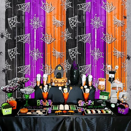 Miniatura 6 de Mega-L - Decoraciones de fiesta de Halloween, paquete de 2 cortinas de flecos de tela de araña naranja, morado y negro, 3.3 x 6.6 pies para cabina