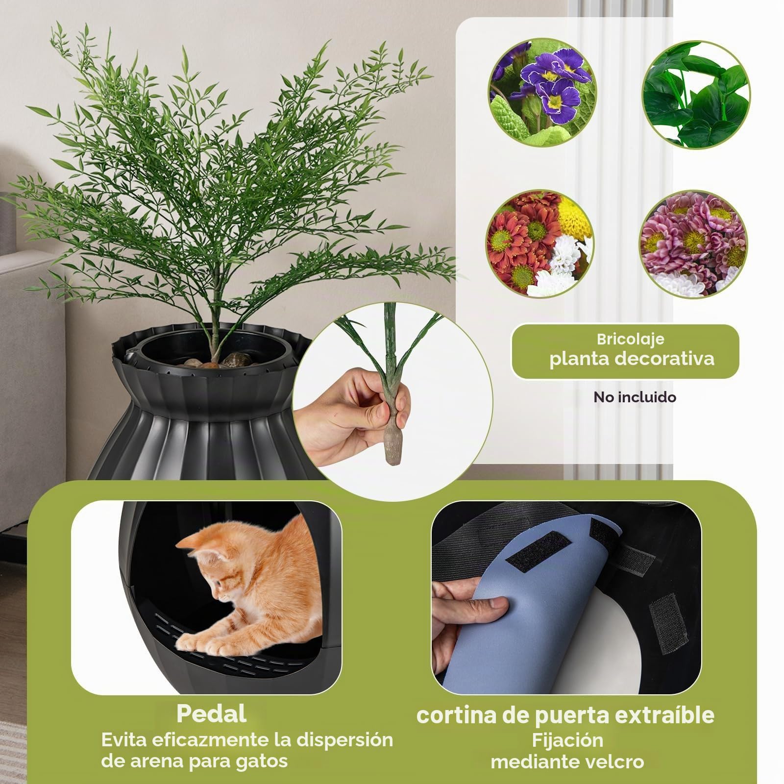 FANTASK Caja de Arena para Gatos, 50 x 50 x 59 cm, con Sistema electrónico de eliminación de olores, Estilo Maceta con Planta Artificial y guijarros, Caja de Arena Negra