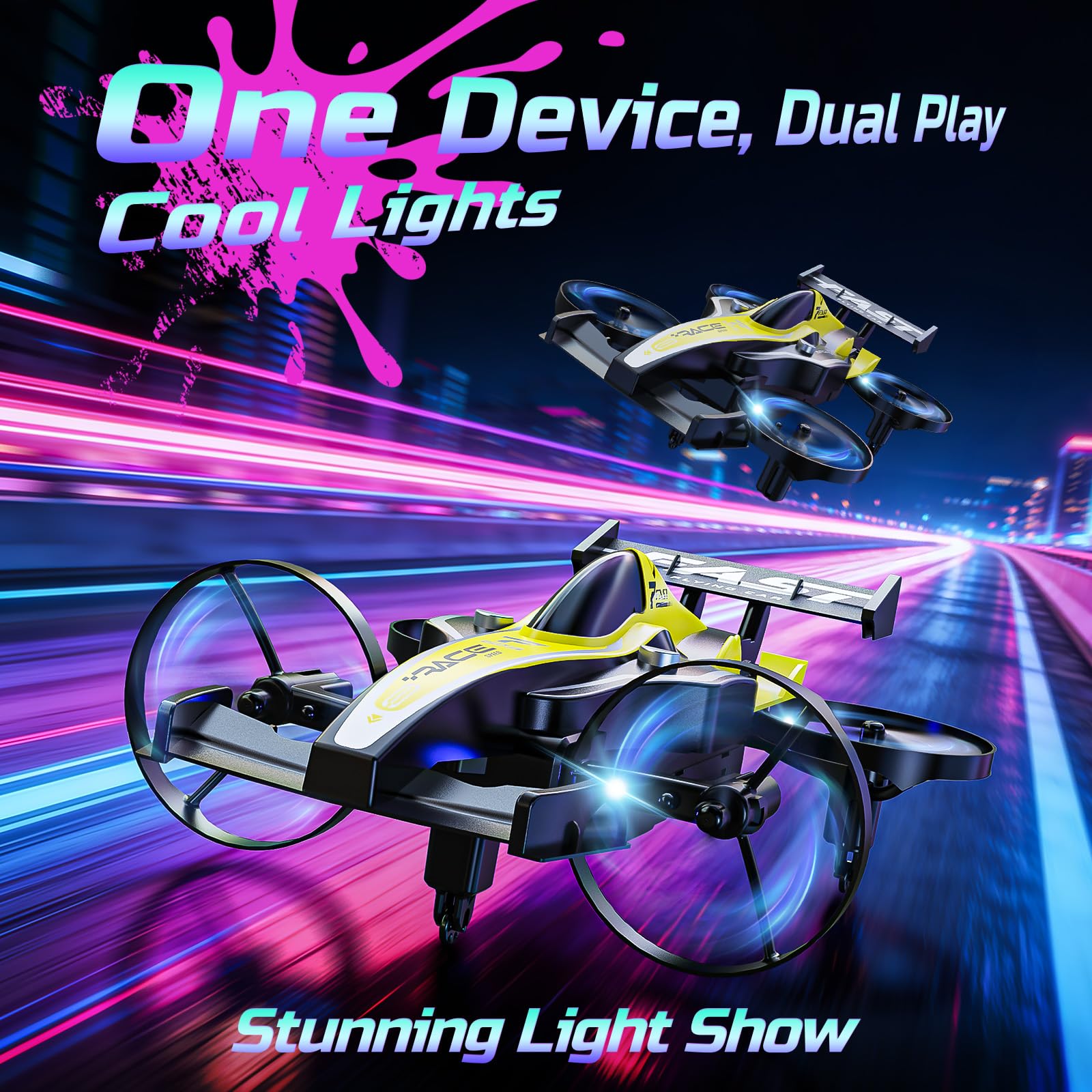 DEERC HT35 Mini Drone RC 2 in 1 per Bambini, Veicolo Acrobatico Terra-Aria | Drift a Terra, Flip a 360°, Mantenimento dell’Altitudine, 3 Velocità, Luci LED, 2 Batterie, Giocattolo RC Regalo per Bambini