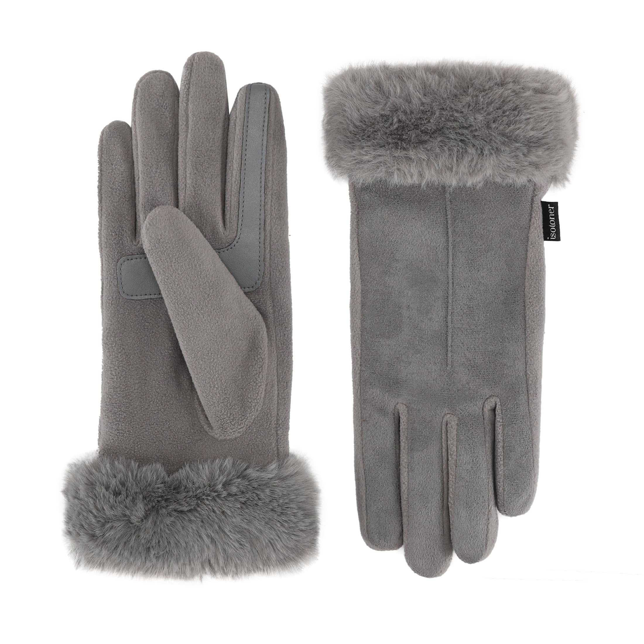 isotoner Womens Mya Microsuede Glove With Faux Fur Cuff Detail, Touchscreen Compatible and Water Repellent, Ash, S/M