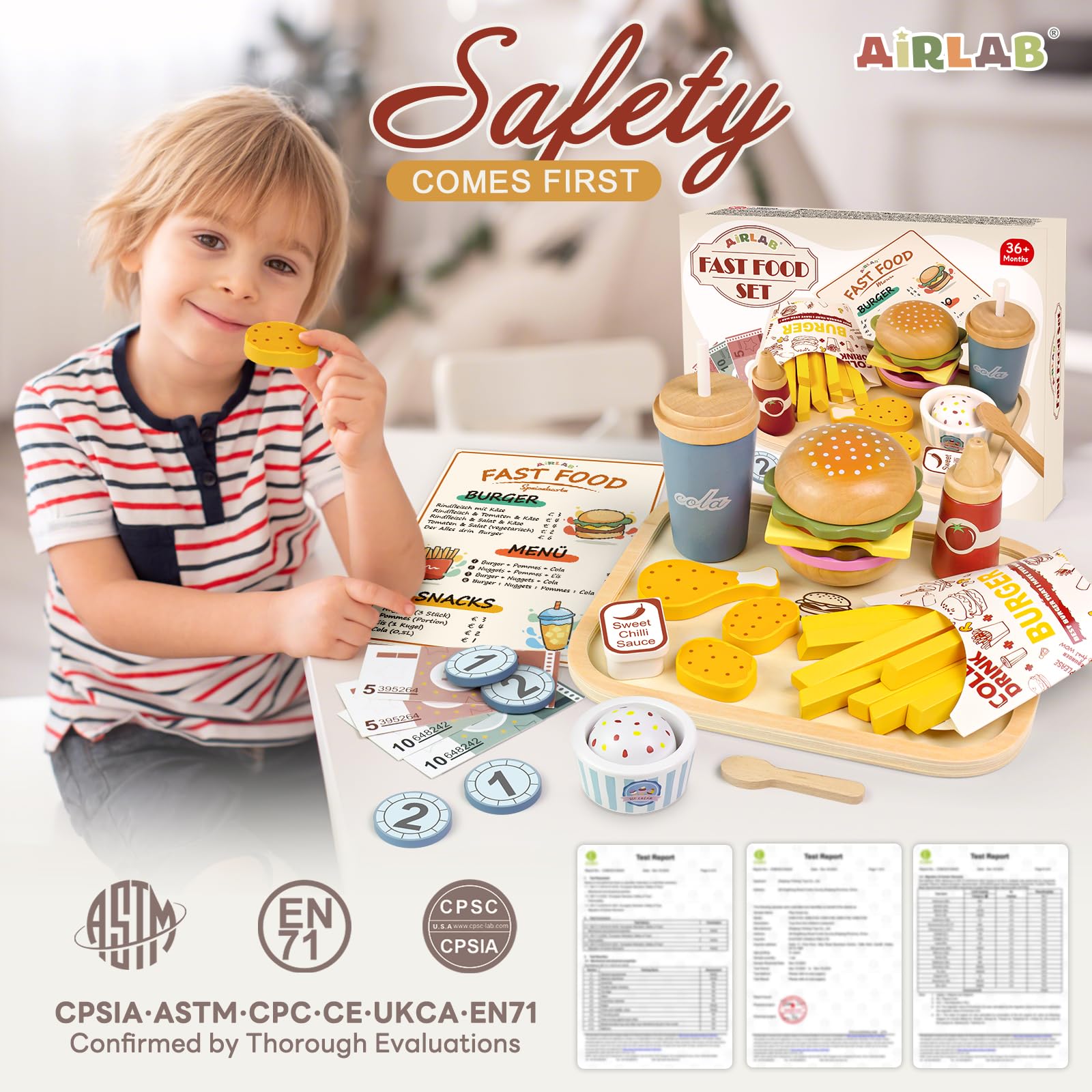 Airlab Fast Food Giocattolo, Accessori Cucina Giocattolo Legno per Bambini Bambina, Set Cibo Veloce Finto Giocattolo per Cucina Bambini, Regalo Bambino Compleanno Pasqua Halloween Natale 3 4 5+ Anni