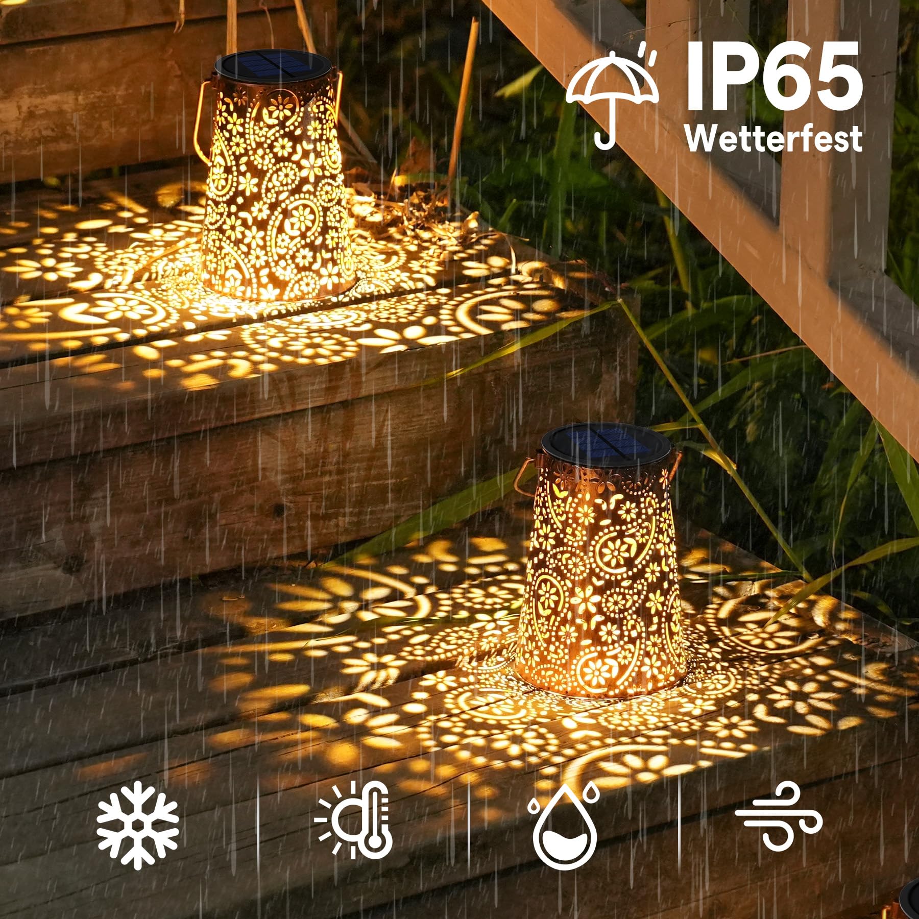 JOYCREATOR 2 Stück Solarlaterne für Außen Wasserdicht, Paisley Solar Laternen für Draußen Hängend, Metall Deko Solarlampen für Außen Garten für Terrasse Patio Baum Rasen Vintage