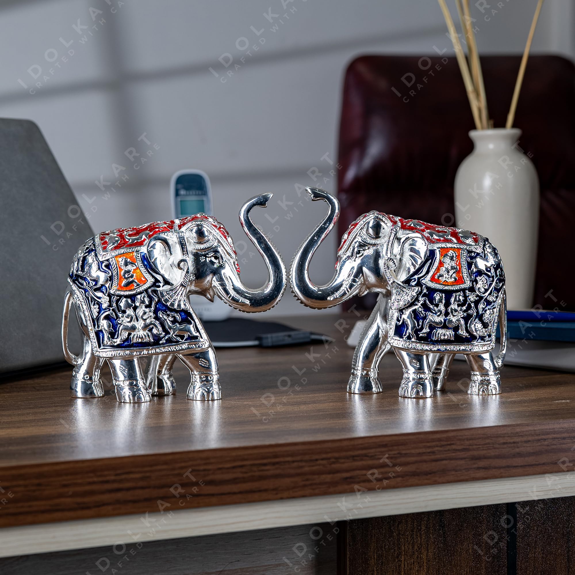 Idolkart Pure Silver Coated Blue Elephant Showpiece - Elephant Decorative Items for Home - Elephant Idols Big Size with Trunk Up for Good Luck & Vastu Benefits - 3 inch (Set of 2), Silver & Blue 1