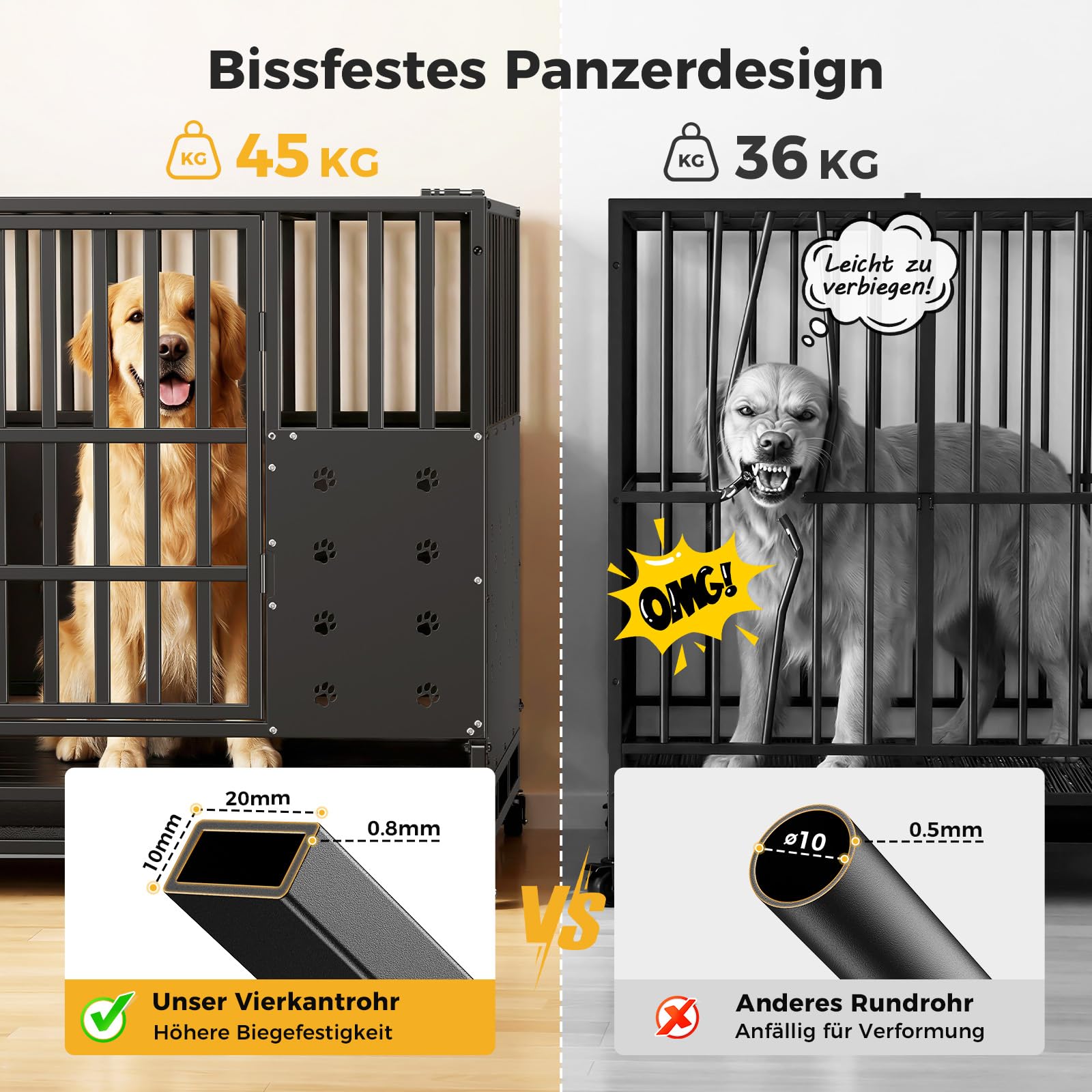 121 x 78 x 93 cm Hundekäfig hochbelastbar für große Hunde, Bissfeste Paneele, Einstellbare Innenhöhe, Hundekäfig mit 4 Arretierbare Rollen, Verbreiterter Komfortboden, Extra Breite Tür, Haustierkäfig