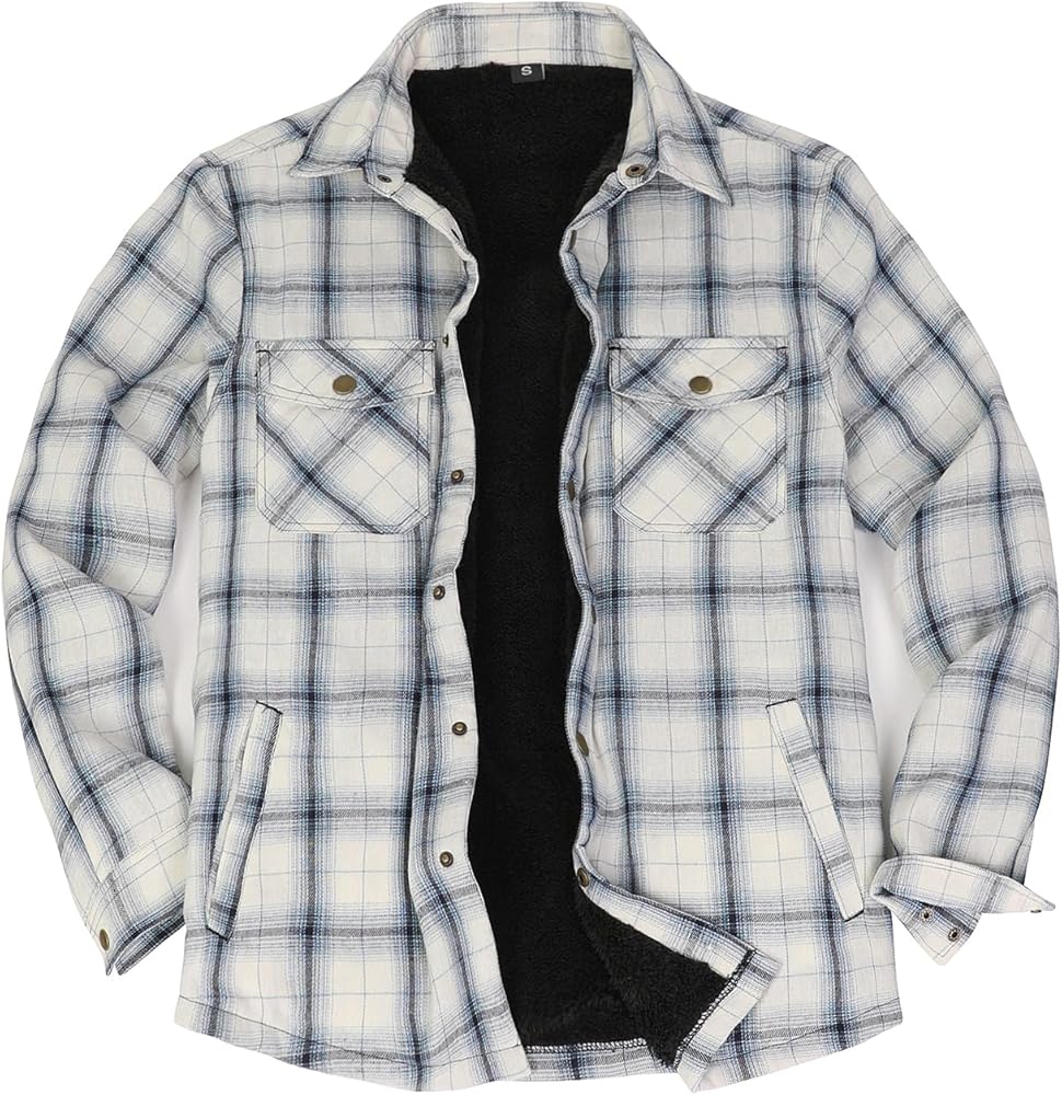 Men's Flannel Jacket Snap Button Cozy Sherpa Fleece Lined Shacket