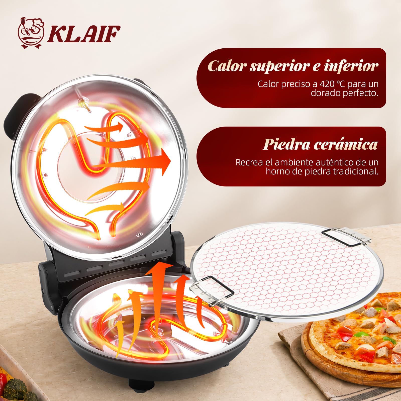 KLAIF Horno eléctrico para pizza con piedra cerámica de 31 cm, dos controles de temperatura ajustables, incluyendo 4 utensilios de pizza, LMC-negro