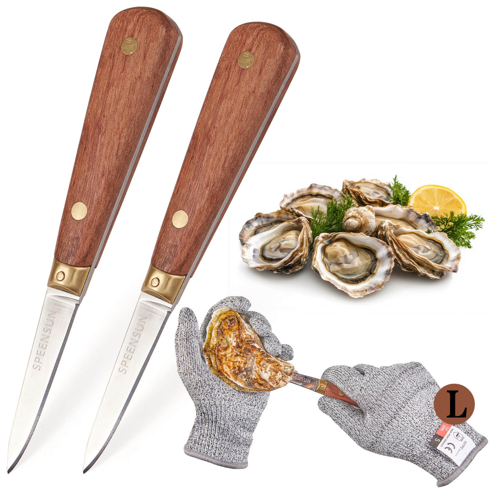 SPEENSUN Nóż Oyster Shucking, niełatwy do złamania i zginania ze wzmocnieniem ostrzy, bezpieczniejszy dzięki nożowi ostrygowemu i rękawicom (2 noże i 1 rękawica L)