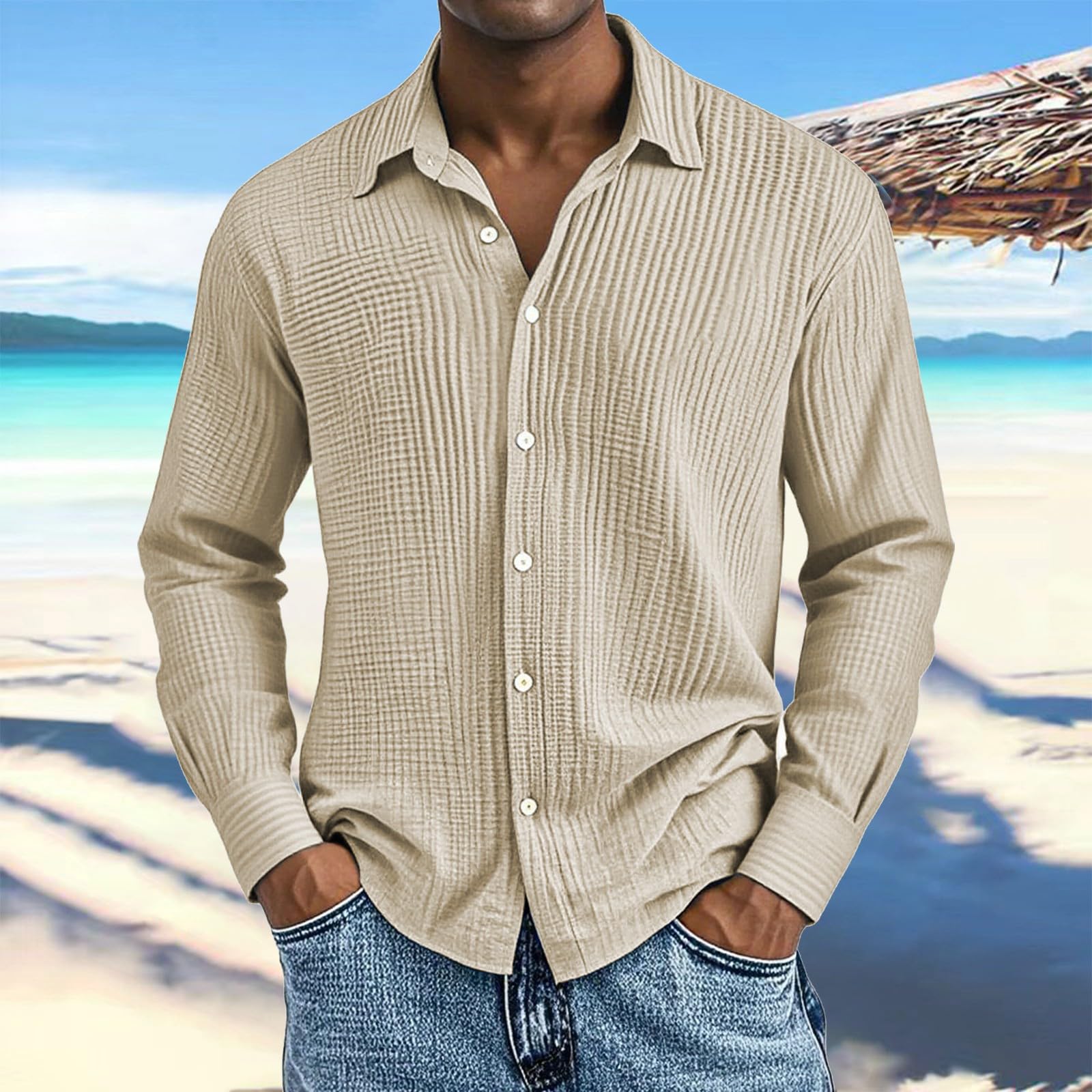Camicia da uomo a maniche lunghe, taglie grandi, in mussola bottone, leggera, estiva, casual, casual, per il tempo libero, comoda, traspirante, per le vacanze