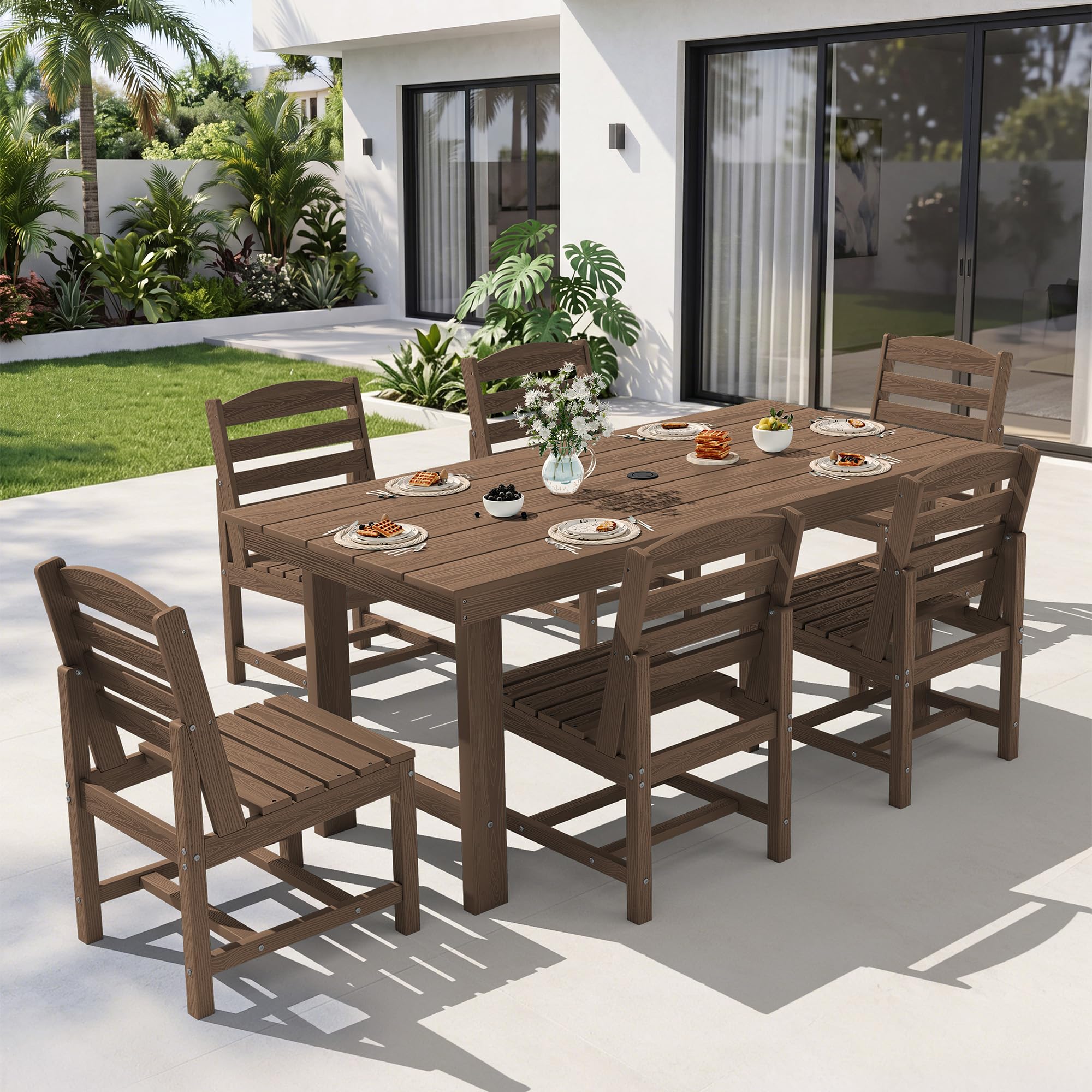 KINGYES 7-Piece Patio Dining Set, HDPE Table Armless Chairs Furniture Brwon
