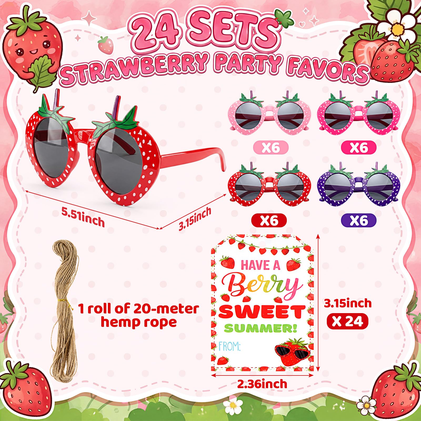 Tanlade Lot de 24 paires de lunettes de soleil en forme de fraise avec jolies cartes d'été, fournitures de fête d'anniversaire, cadeaux sur le thème de la fraise, accessoires photo