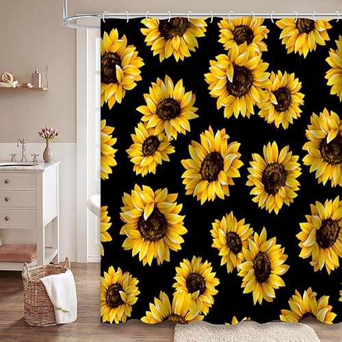 Miniatura 2 de GALMAXS7 Cortina de ducha de girasol para baño con 12 ganchos, diseño floral botánico impermeable, decoración decorativa de baño, 72 x 72 pulgadas