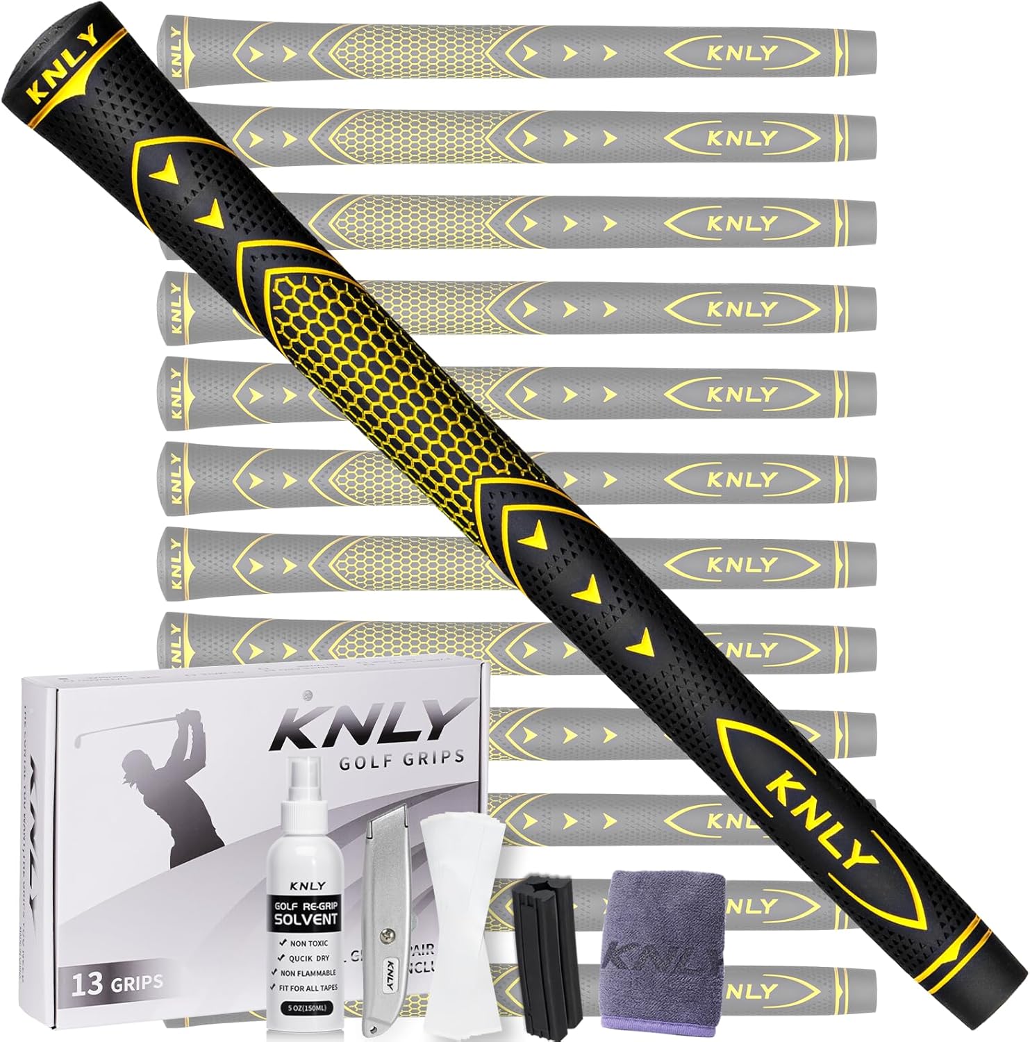 KNLY Golf Grips 13-Pack High-Performance | All-Weather Anti-Slip Rubber for High Traction & High Feedback Golf Club Grips | Includes 15 Tapes or Complete Repair Kit.