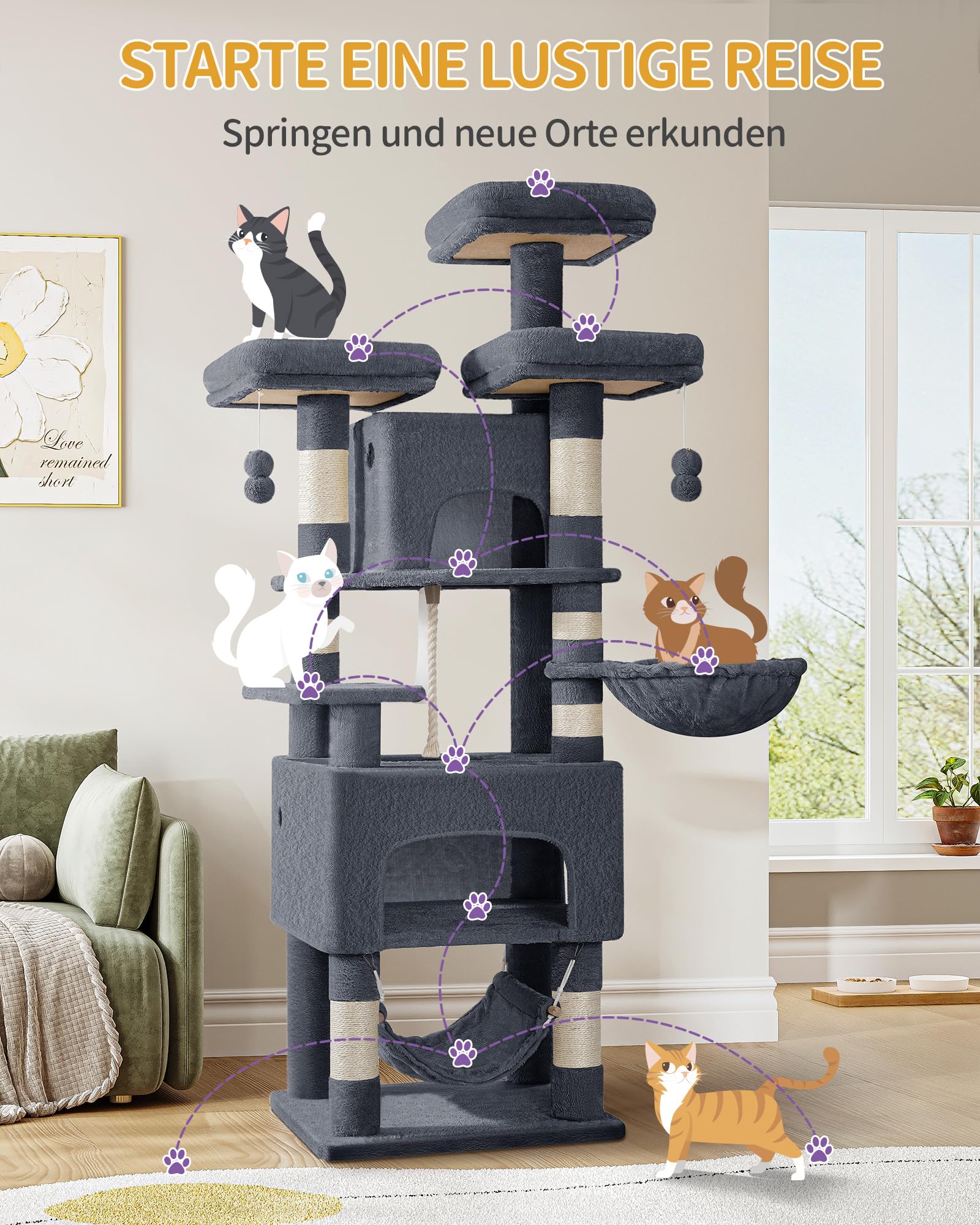 Hzuaneri Kratzbaum, 176cm Katzenbaum, XL, 3 Plattformen, 2 Höhlen, 7 Kratzsäulen, Hängematte, Plüschbälle, Katzenkratzbaum für Mehrkatzenhaushalte, Dunkelgrau MS17618SG