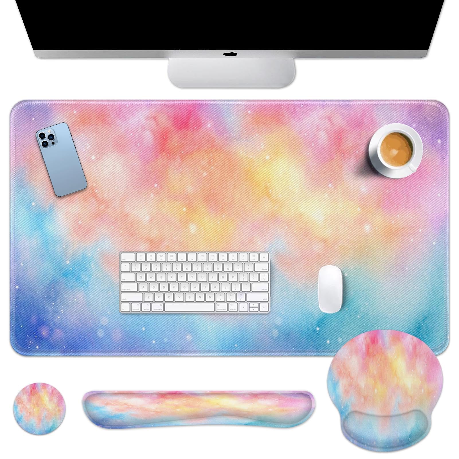 Arttown Alfombrilla de escritorio iridiscente con diseño de nube 4 en 1, diseño ergonómico colorido de cielo estrellado, almohadilla de escritorio grande + reposamuñecas para teclado + reposamuñecas