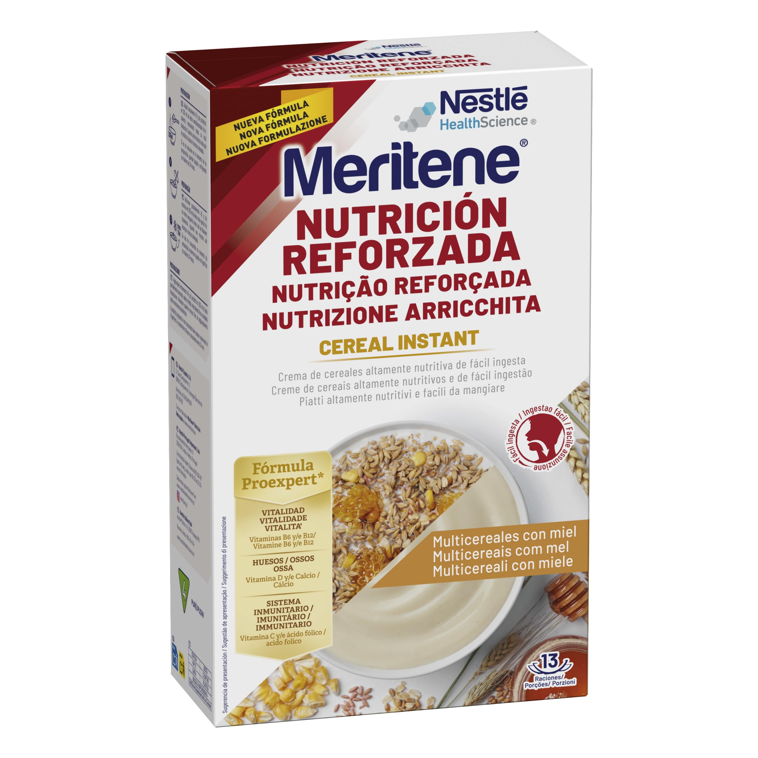 Meritene, Cereales Instantáneos en Polvo para Papilla, Sabor Miel, Nutrición Reforzada para la Alimentacion de Adultos con Disfagia y Dificultades para Masticar, 1 Sobre 520 Gr