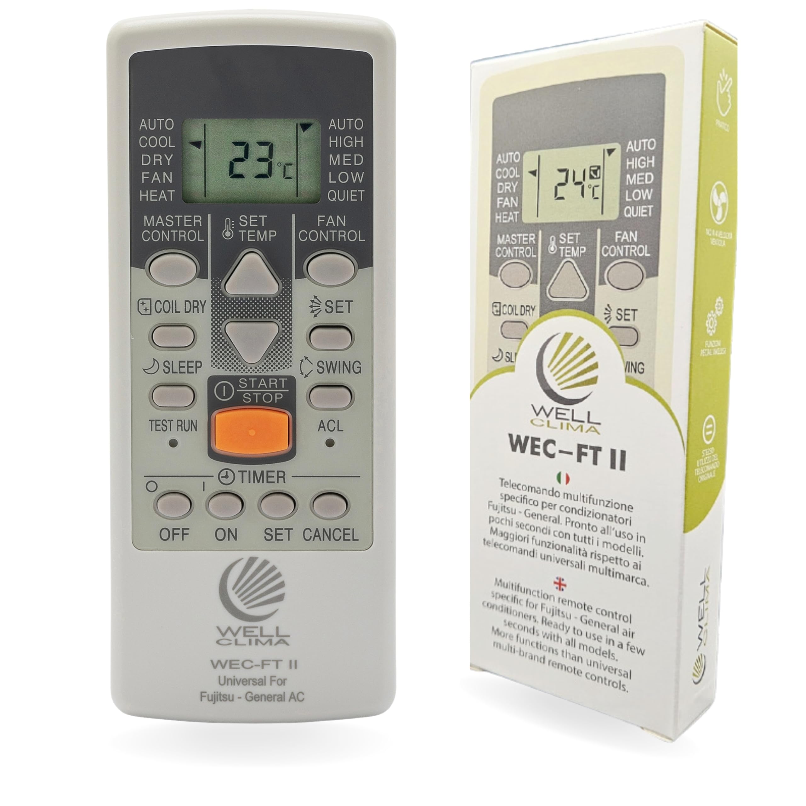 WEC-FT II Universal Remote Compatible with Fujitsu and General Air Conditioners, Advanced Features, Up to 4 Fan Speeds, Ready to Use in Seconds, Wellclima Support
