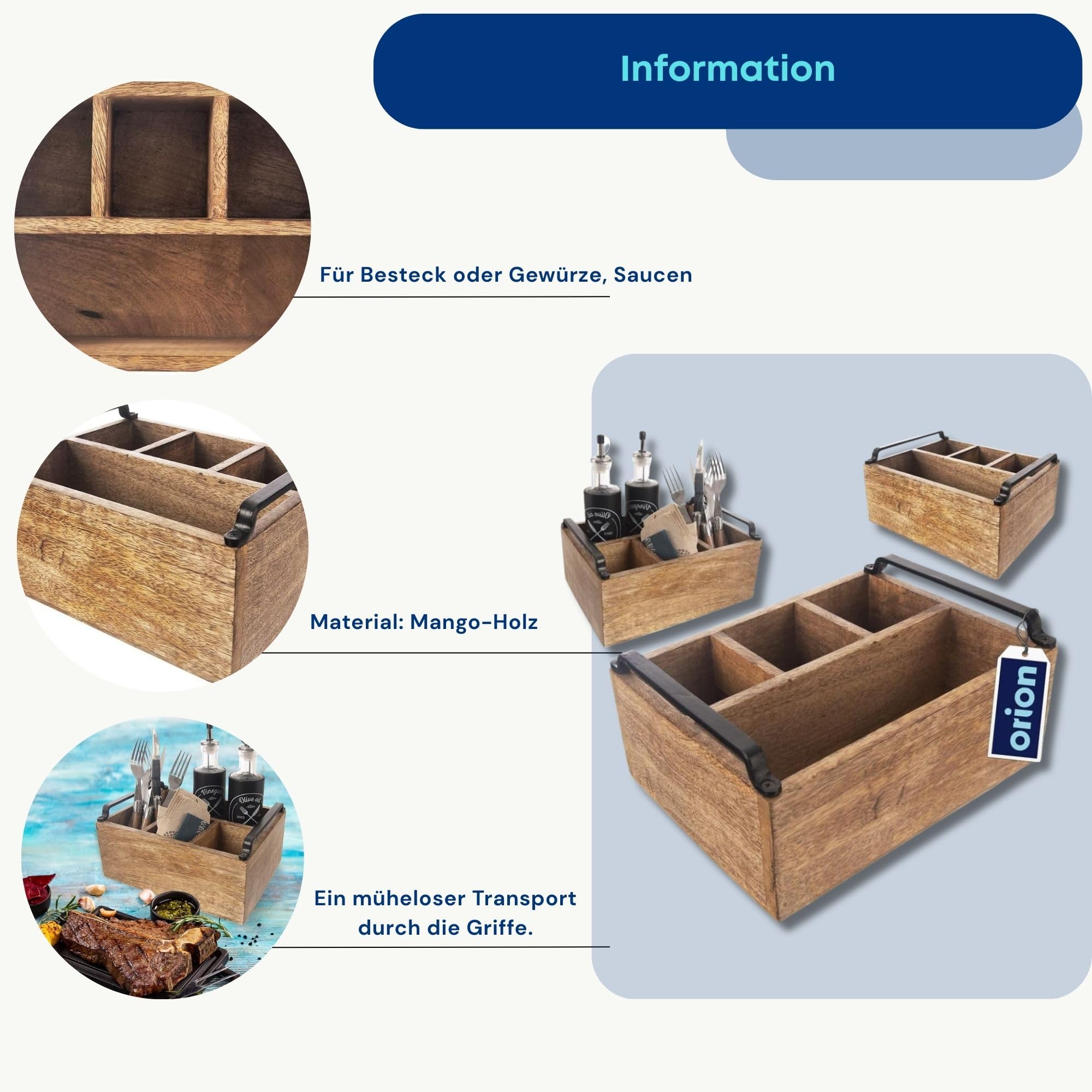 orion group Holzbehälter Besteckhalter Besteckkorb Besteckkasten Besteckständer mit 4 Fächern für Besteck Saucen Servietten und Gewürze