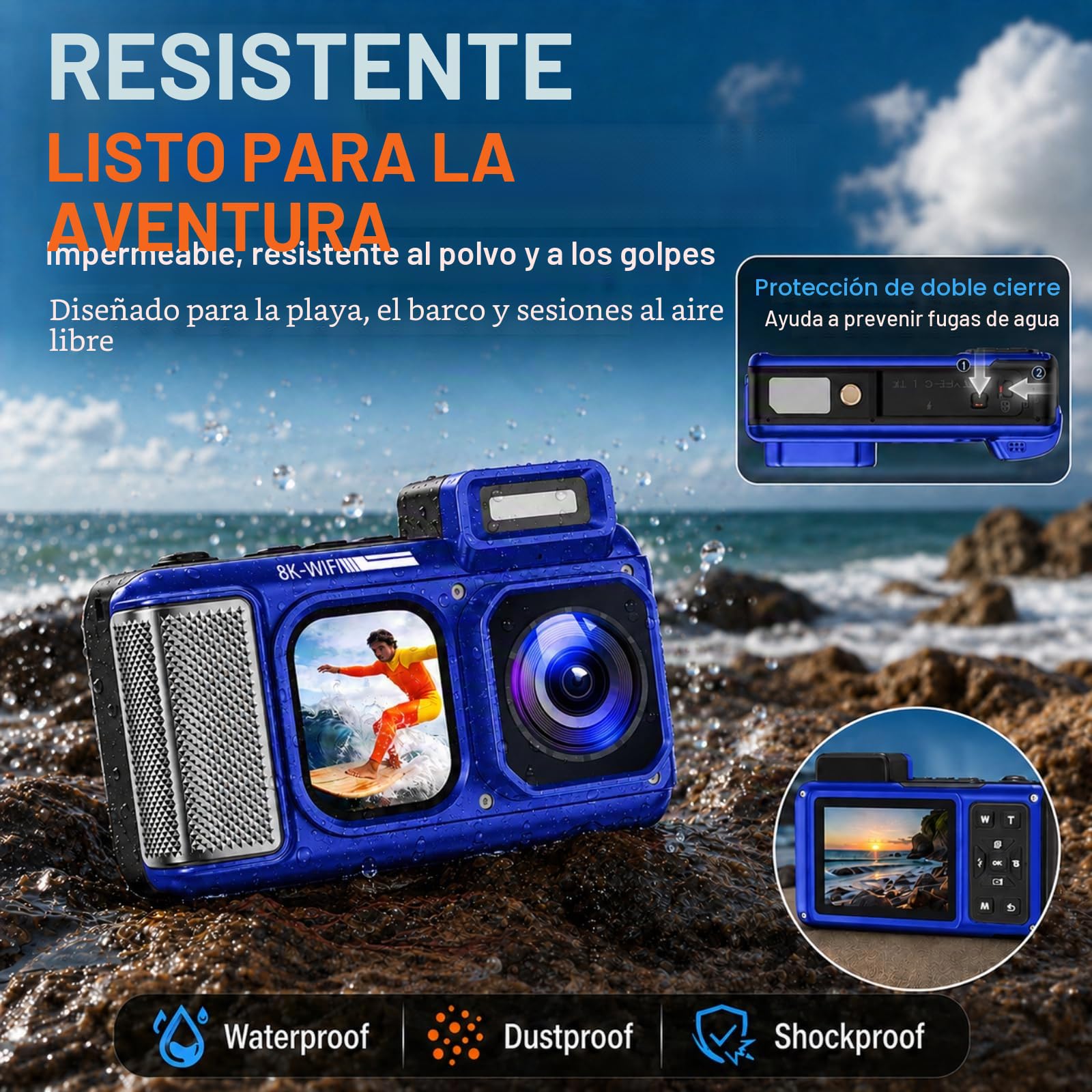 MaxMango V08 Pro 49FT Camara Acuatica，8K 90MP WiFi Pantalla Táctil Cámara Digital，2,8 Pulgadas con Doble Pantalla, Resistente, a Prueba de Polvo y a Prueba de Golpes, Ideal para Snorkel, Azul