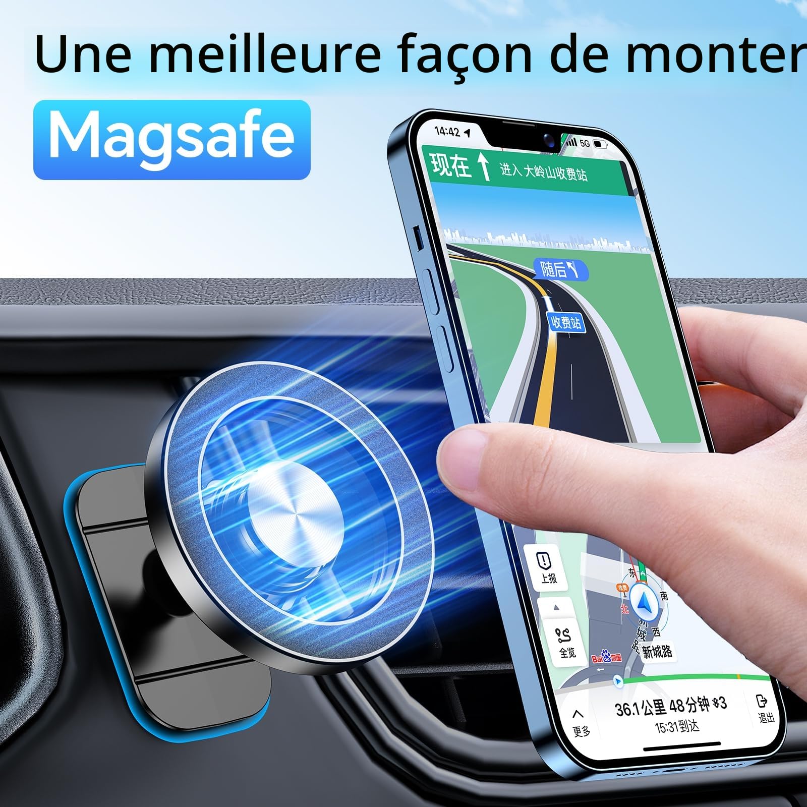 Coolpow Support Telephone Voiture Magsafe【Super Aimants】 Porte Téléphone Voiture Aimanté【360°Rotation】Aimant Telephone Voiture GPS Accessoire Voiture Interieur pour iPhone 17 Pro Max 16 15 14 13, Noir