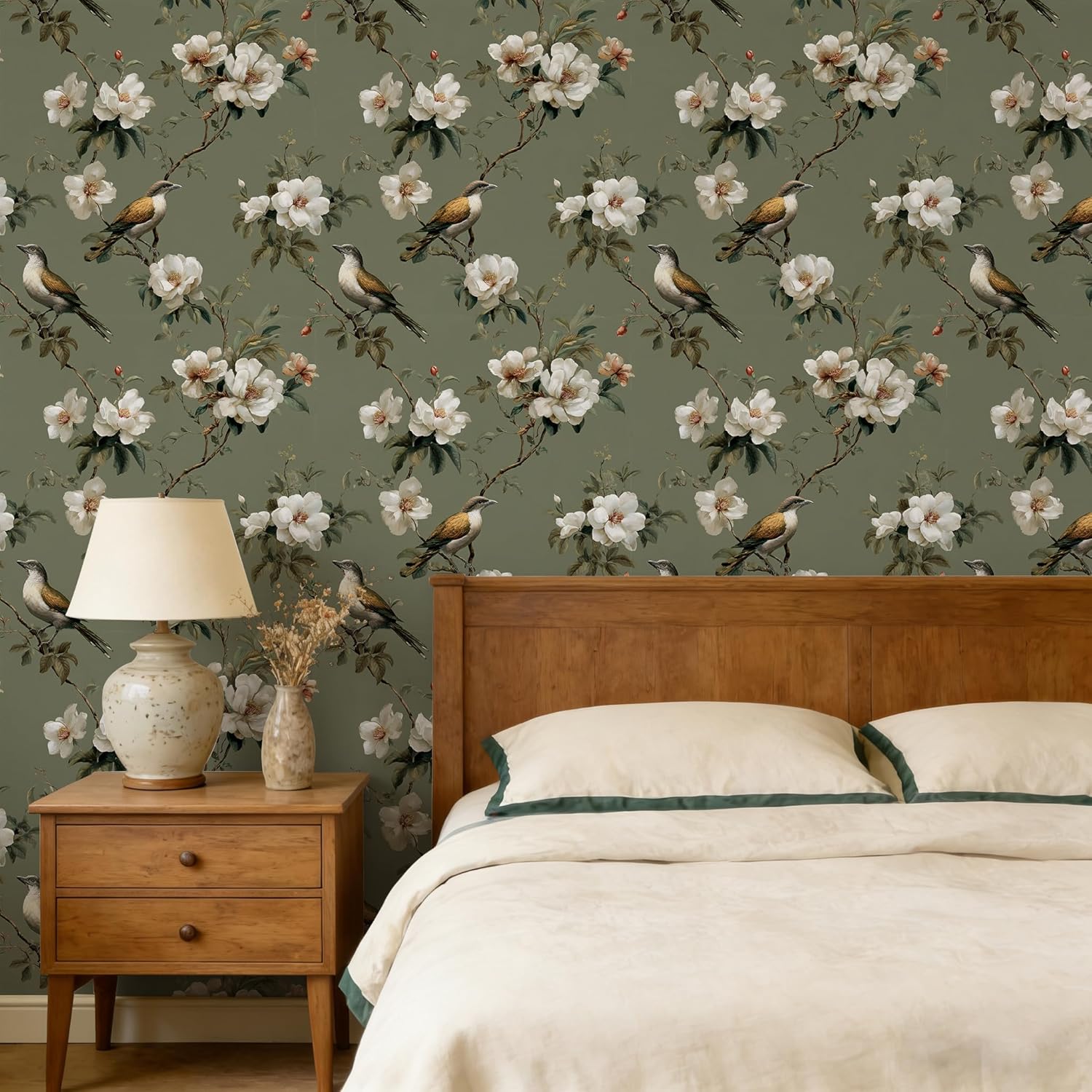 Chinoiserie Wallpaper Peel and Stick, Chinese Bird & Floral Pattern, Removable Self-Adhesive Mural for Living Room & Bedroom, 17.7x236 Inch
