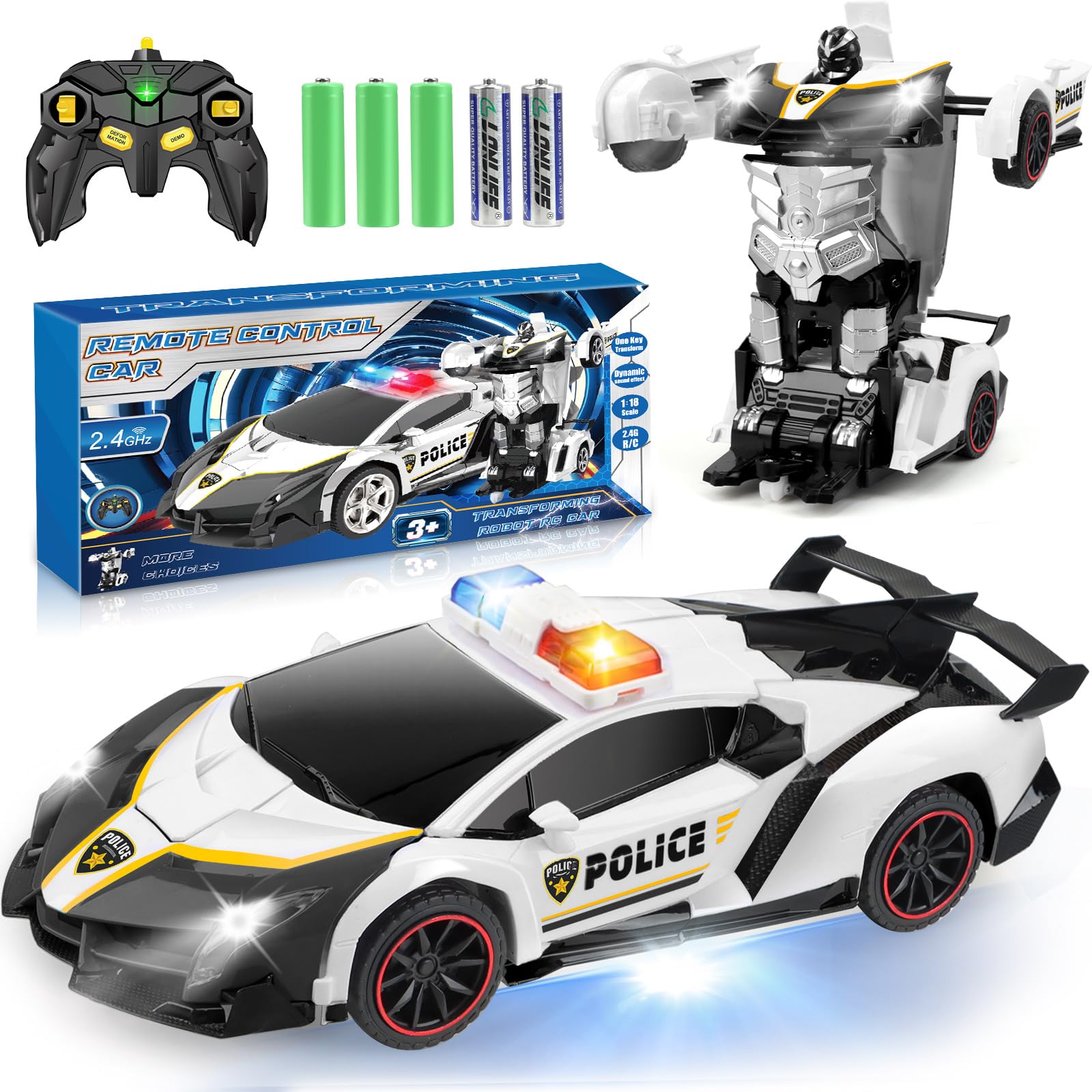 YOTOY Toys for 3-8 Year Old Boys: Transforming Remote Control Police Car Toys Gifts for Boys Age 3 4 5 6 7 8 9 10 Birthday Presents Toy for Kids Ages 3-8 Transforming RC Car Robot Toys