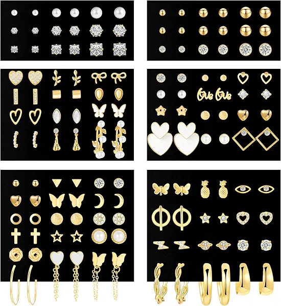 70 Pairs Gold Stud Earrings Set for Women Multipack, Trendy Hypoallergenic Pearl Cubic Zirconia Multiple Piercings Earrings Packs, Chunky Hoops Earrings for Gift Jewelry