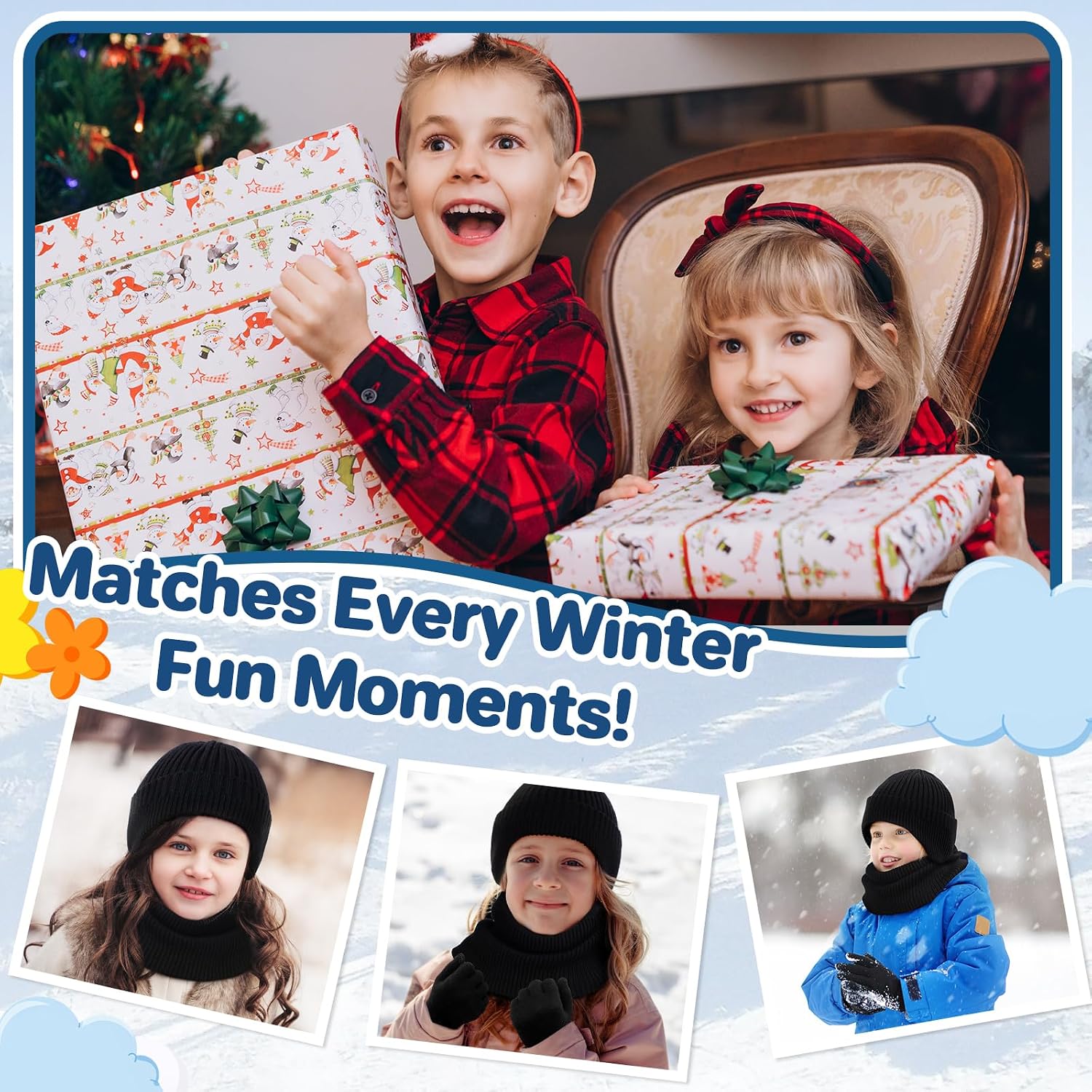Kids Hat and Gloves Set - Winter Scarf Beanie Hat Kids Gloves Touchscreen, 3 Pcs Neck Warmer Scarf Black Stain-Resistant Set