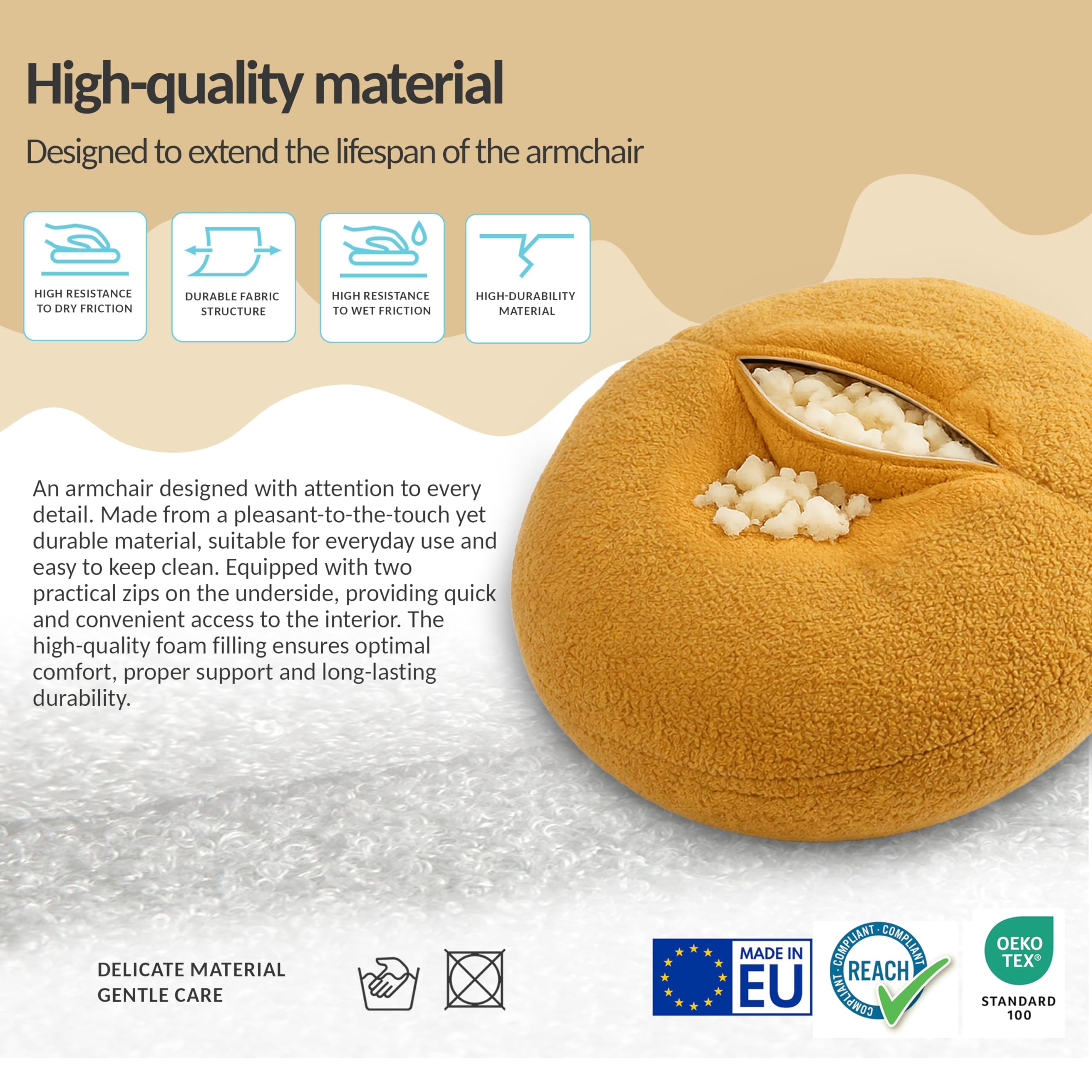 POKAR Pouf Bambini con Orecchie di Topo 68x68x50 cm | Poltroncina Sacco in Tessuto Bouclé e Imbottitura Schiuma PU | Sedia Montessori per Cameretta e Gioco | OEKO-TEX | Made in EU | Beige Accogliente