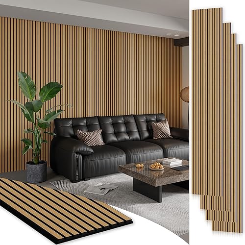 Miniatura 14 de Smartstandard Paquete de 4 paneles de pared de listones de madera de 106 x 12.6 pulgadas, paneles de pared de madera insonorizados, paneles de