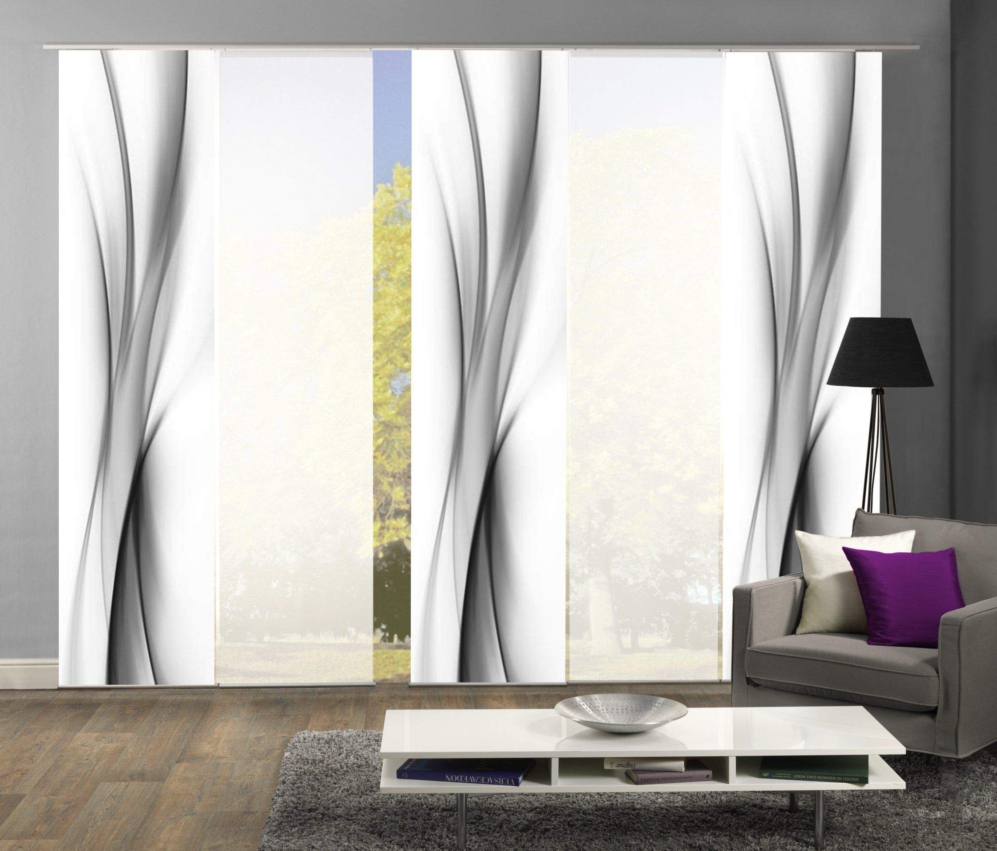 5er-Set Flächenvorhang, Deko Blickdicht, UFA, Höhe 245 cm, 3X Dessin /2X Uni transparent, Fb. grau/weiß