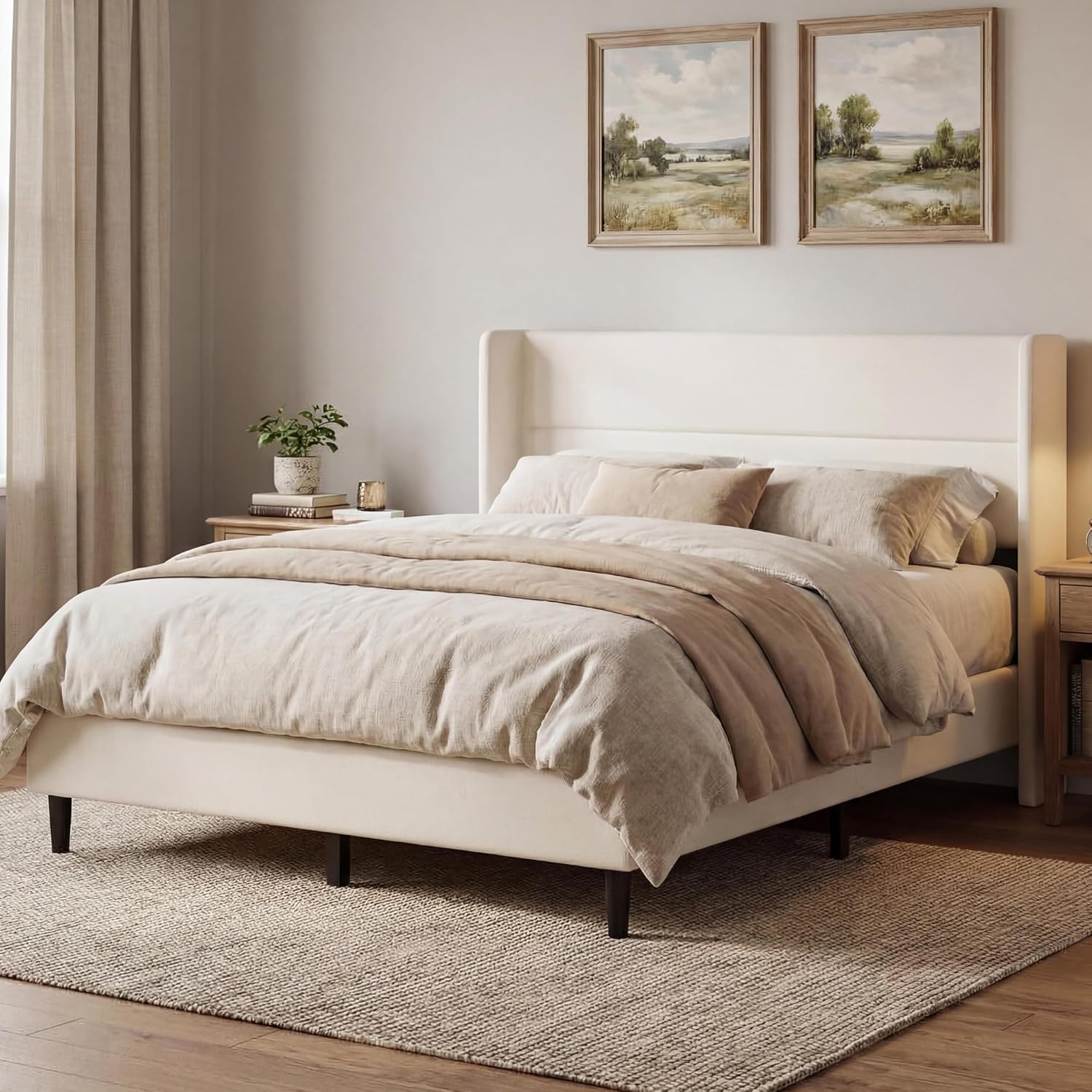 IDEALHOUSE Queen Size Bed Frame with Tufted Wingback Headboard, Velvet Upholstered Platform Bed with Strong Wood Slats, No Box Spring Needed, Easy Assembly, Pink