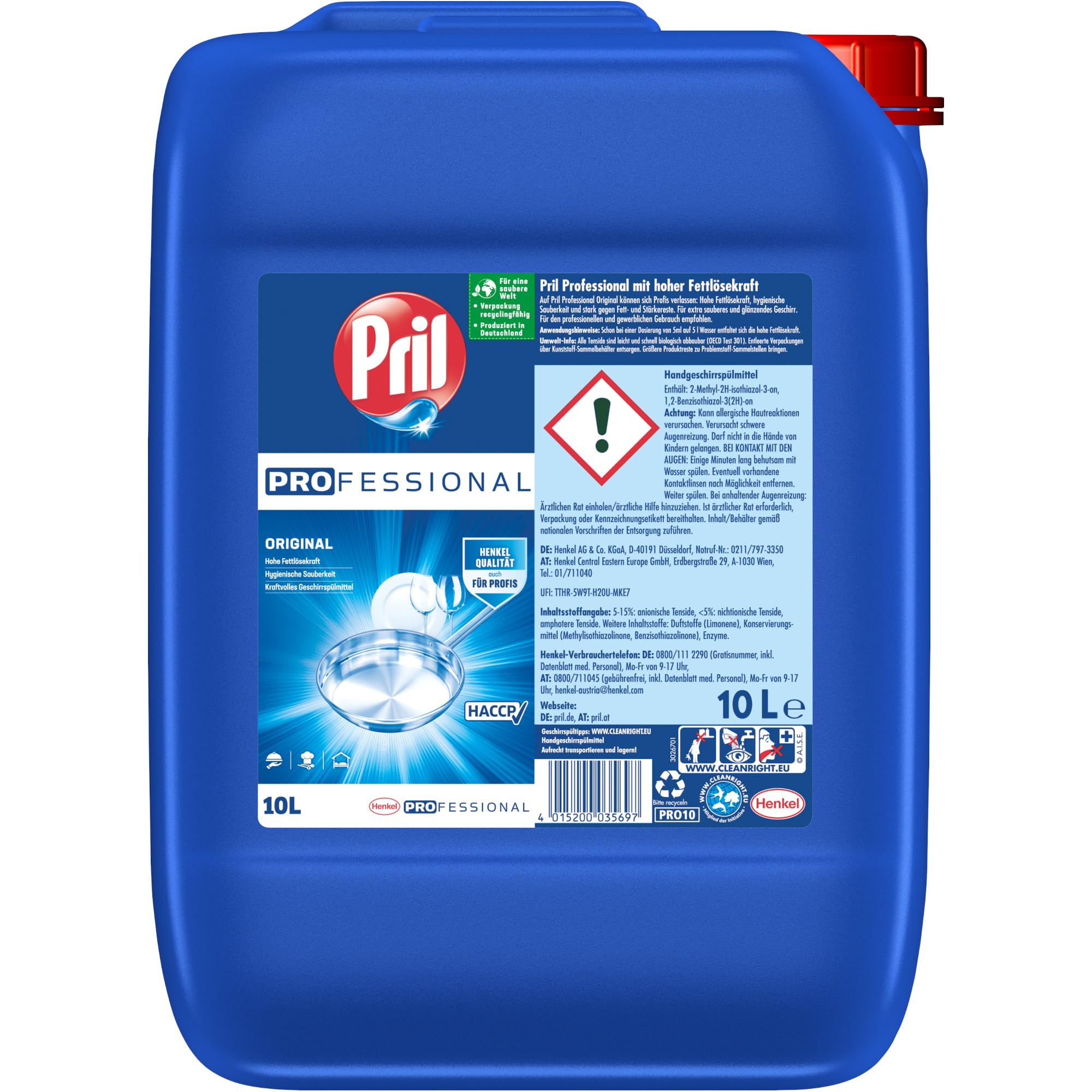 Pril Professional Original Liquide vaisselle à main 10 l – Liquide vaisselle professionnel avec fort pouvoir dégraissant – Pour la restauration et le commerce – Conforme HACCP