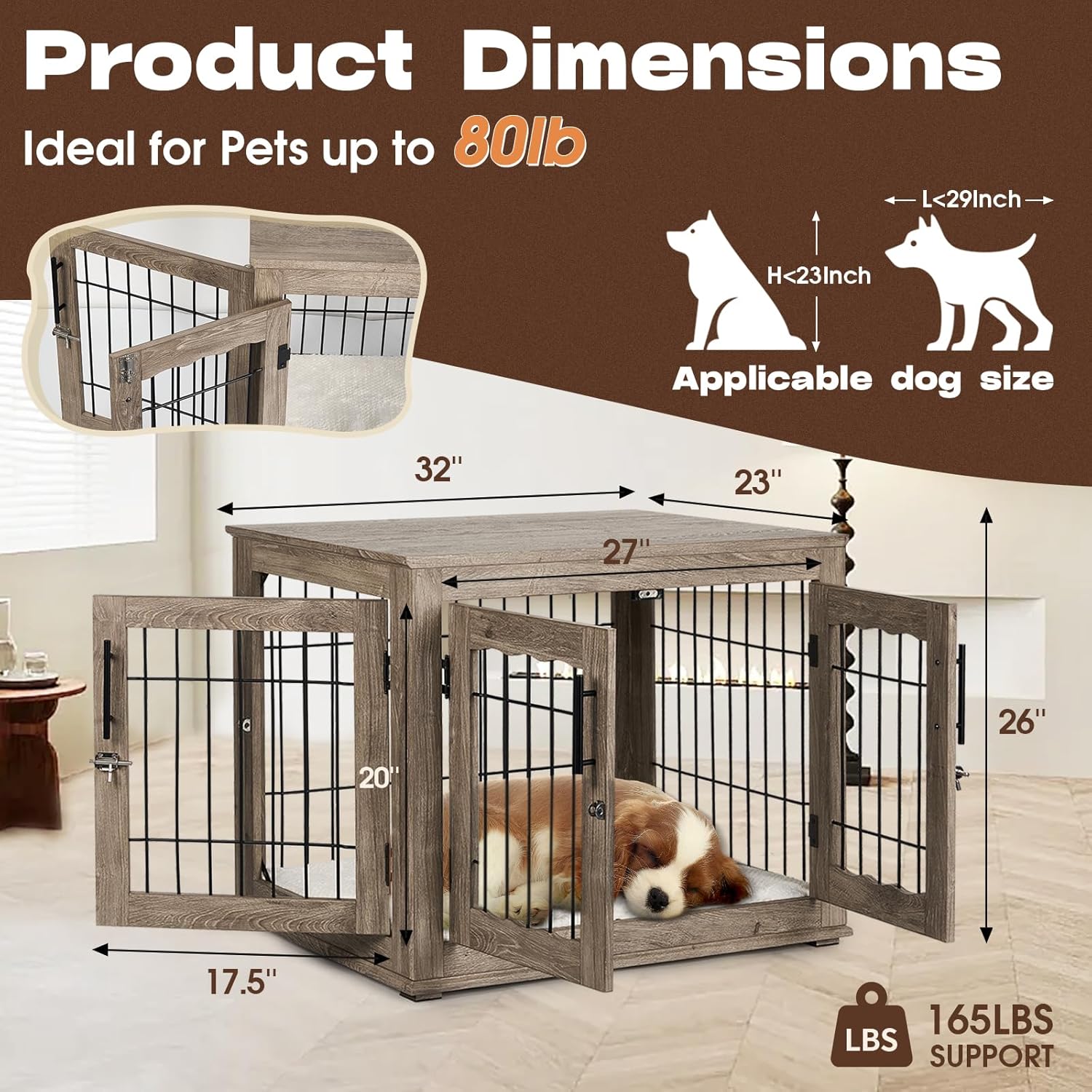 Dog Crate Furniture with Cushion,Dwell Living 32 inch Wooden Kennel Table with Double Doors, Indoor Dog House End Table for Small/Medium Dog, Grey (32x23x26in)