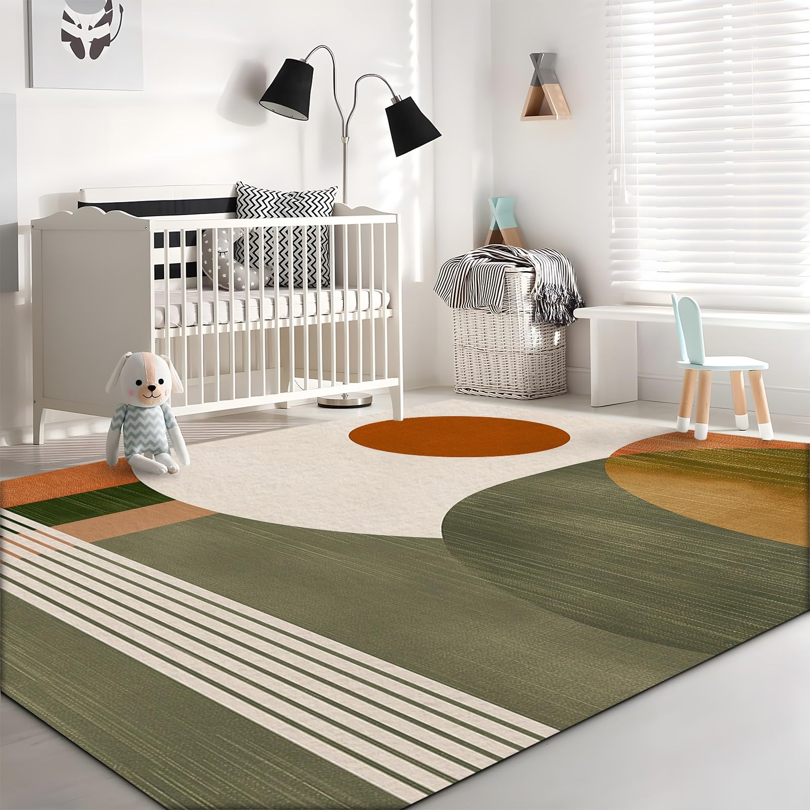 Tapis Salon Lignes Géométriques Modernes Abstraites Cercles Vert Olive Lavable Pile Courte et Douce, Rectangulaire Tapis Chambre Intérieur Extérieur Dessous antidérapant 160x230 cm