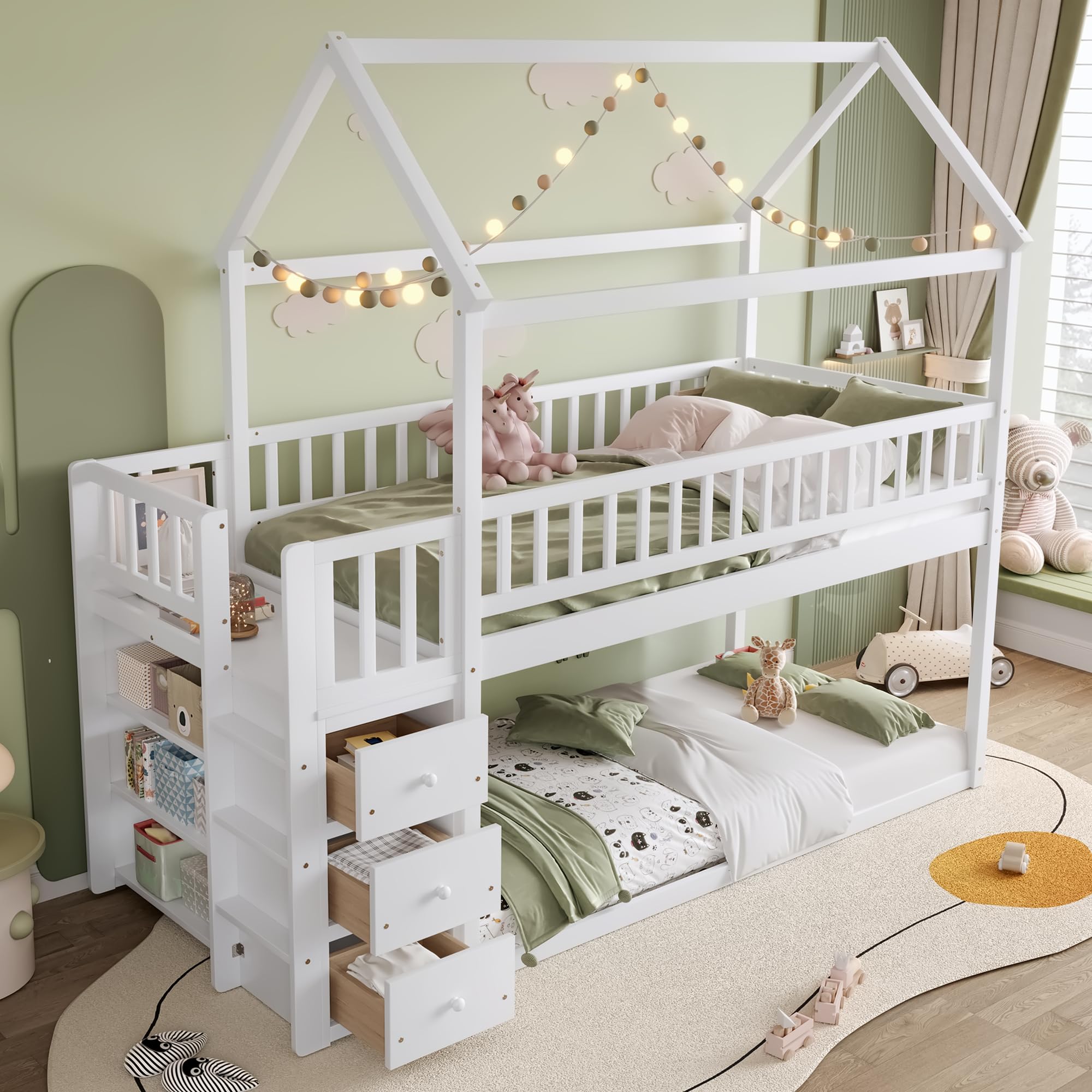 Bellemave Bunk beds Twin Over Twin Size with Drawers and Shelves Storage, Floor bunk Bed,White