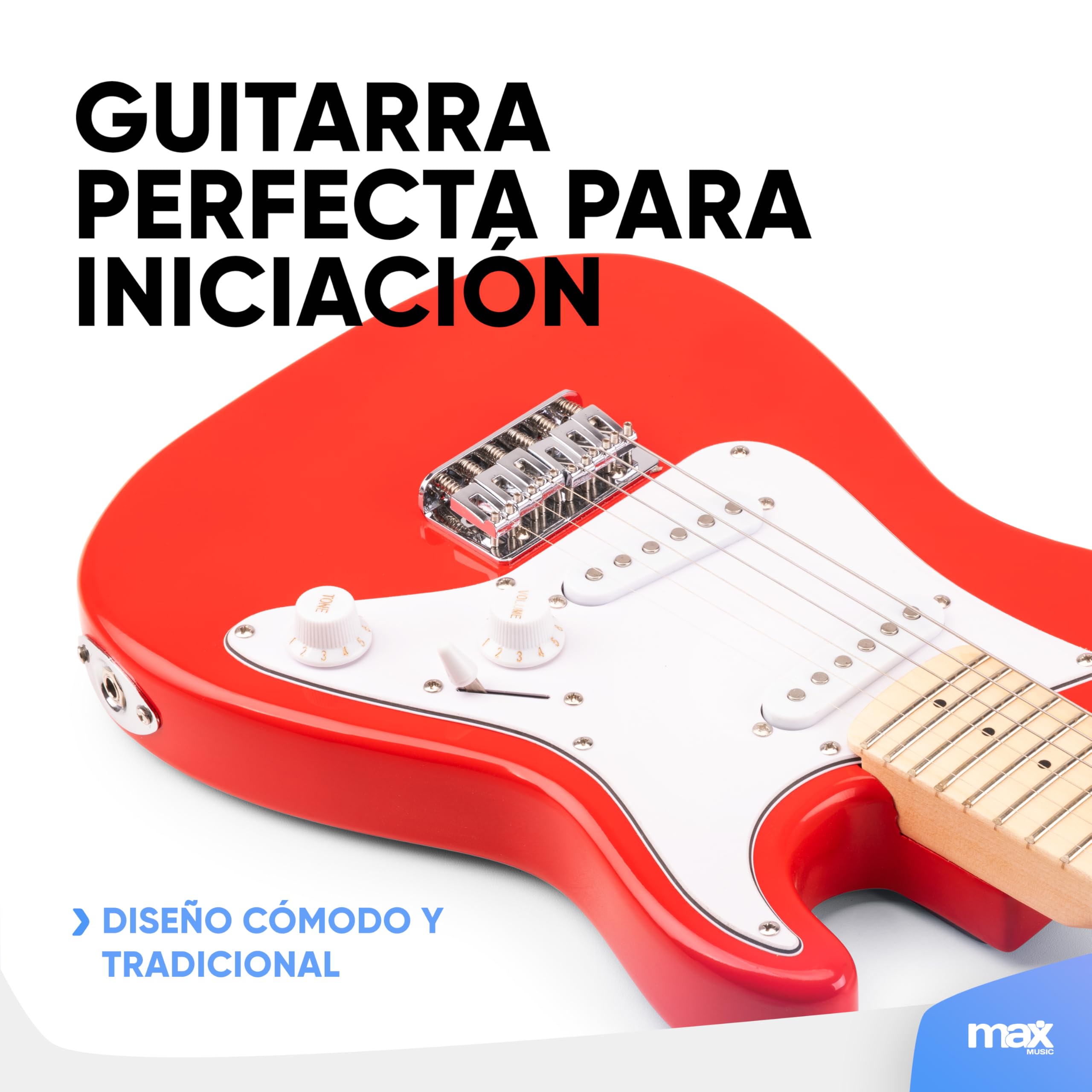 MAX GigKit Junior 1/4 - Guitarra eléctrica color rojo brillante | Tamaño 1/4 para usuarios de 3 a 7 años, amplificador de 10W incluido, incluye funda mochila, afinador y gafas Rock Star