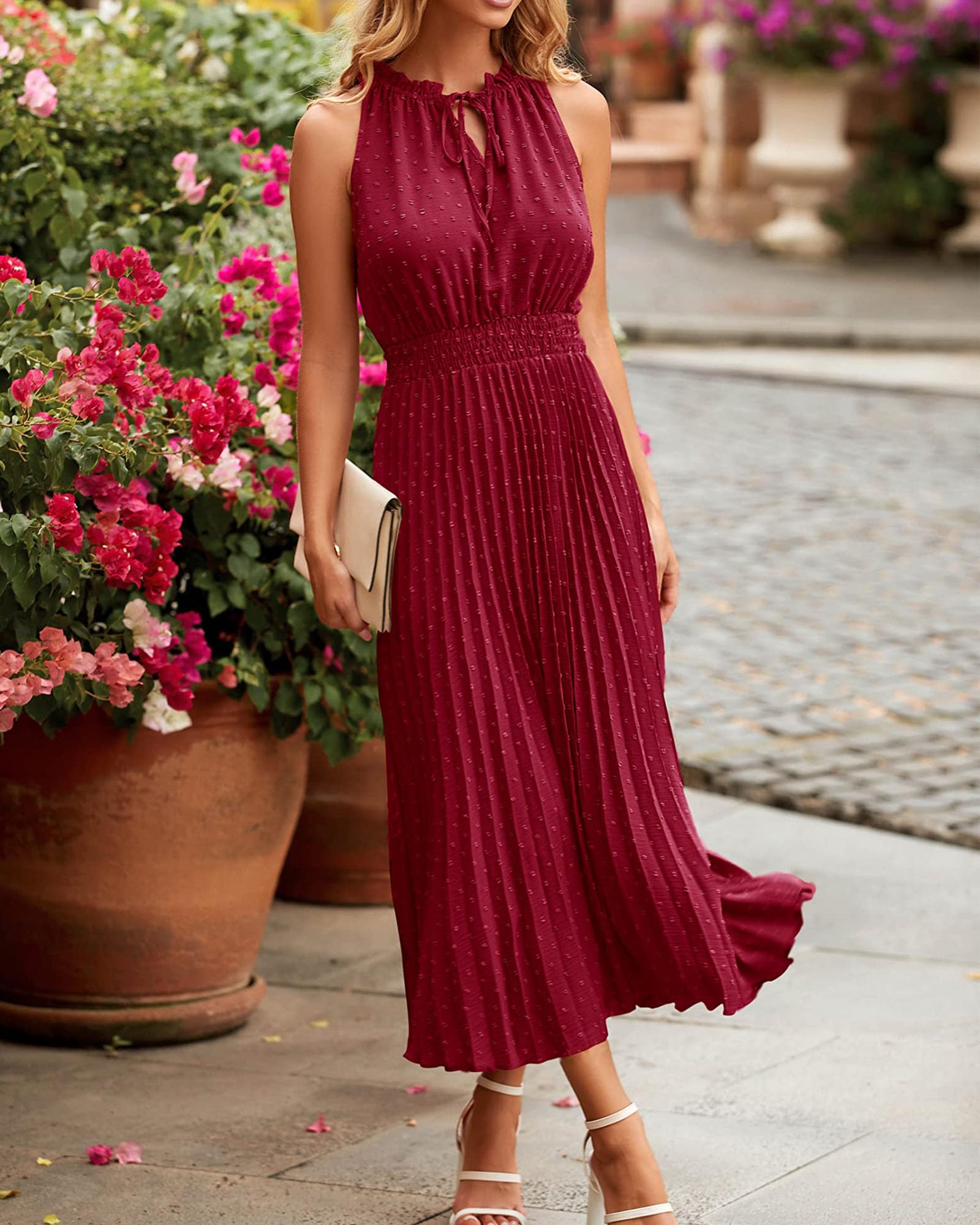 Vestidos Verano Mujer Sin Mangas Vestido Largo Cuello en V Elegante Dress Volante de Lunares Suizos Elástica Cintura Alta Casual