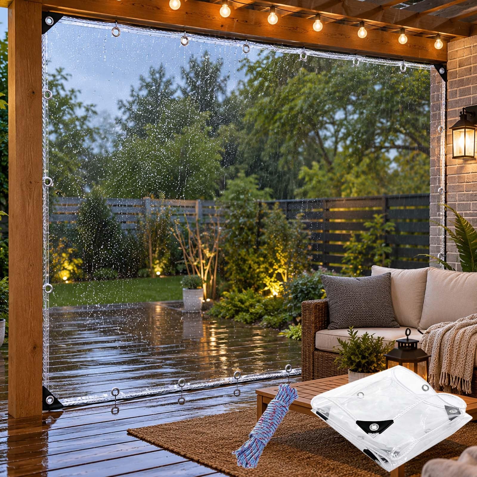 Clear Tarpaulin Waterproof 270 x 350 cm 400G M², 0.39Mm Thick, Windproof, with Rope Heavy Duty Rainproof Clear Tarp, Outdoor Garden Tarpaulins for Greenhouse Or Barn, transparent