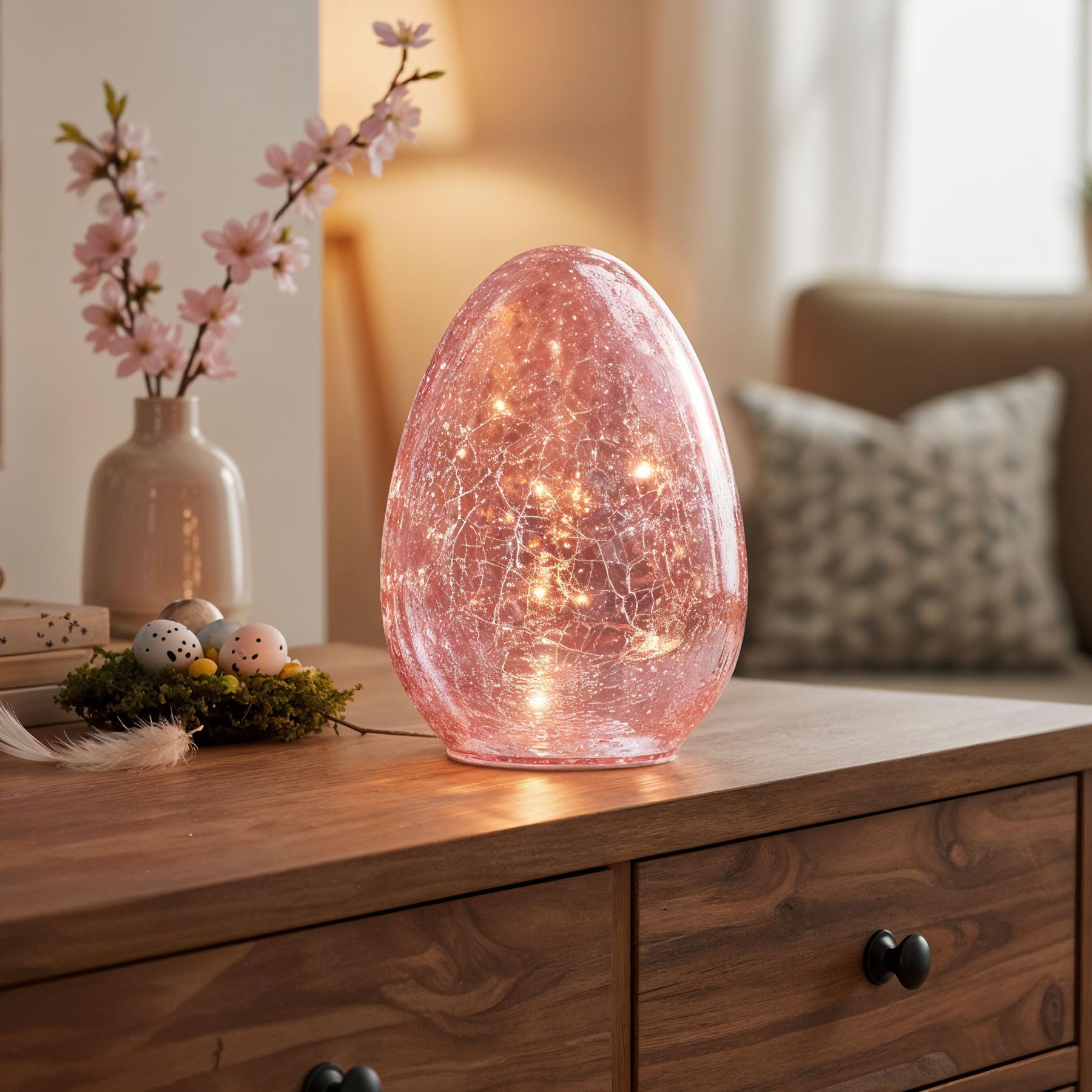levandeo LED Osterei H16cm Rosa Glas Licht mit Timer Dekolampe Tischlampe Stimmungslicht Osterdeko Crackle Look
