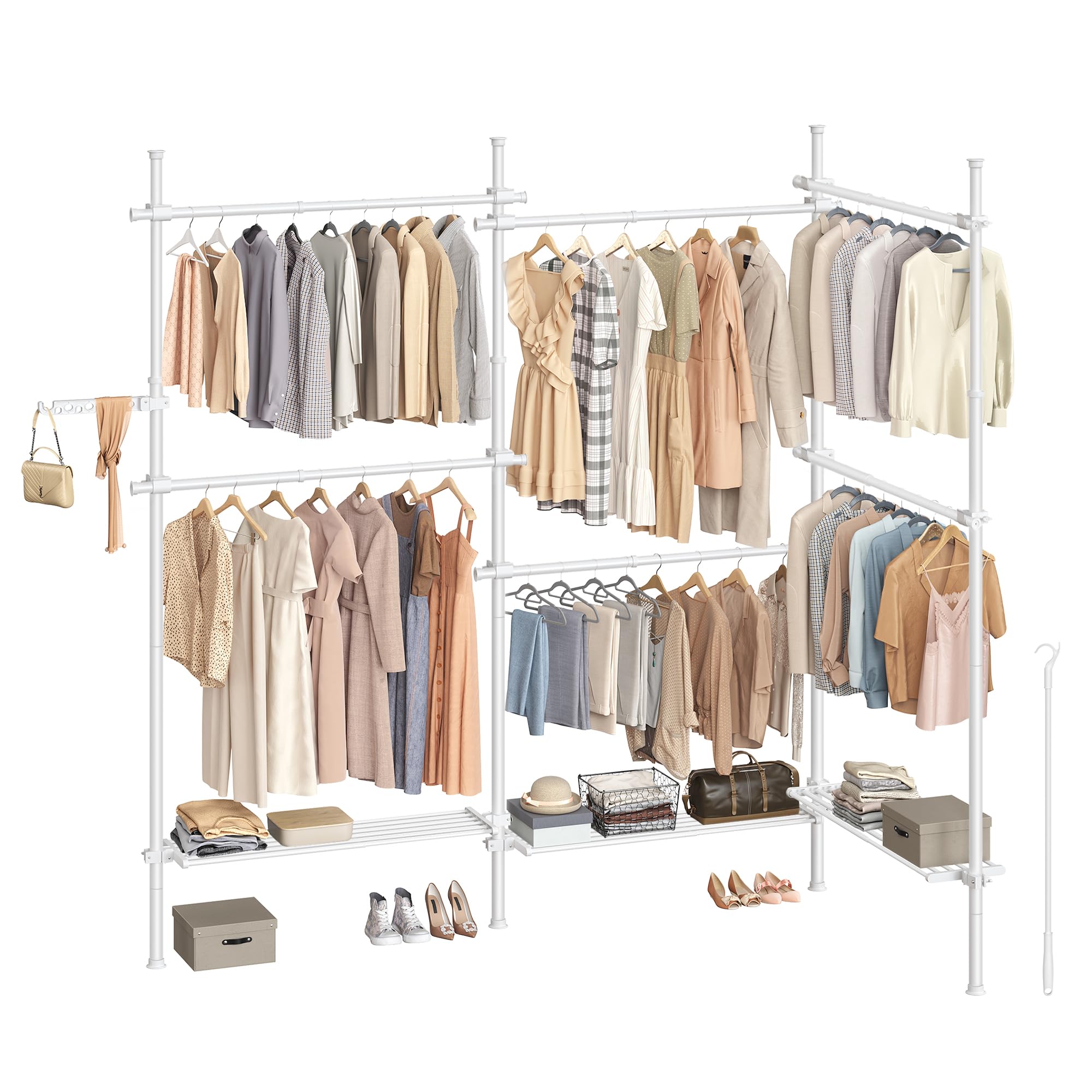 SONGMICS Teleskopstange Kleiderständer, 3-stufige Garderobe, höhen- und breitenverstellbar, offener Kleiderschrank mit 6 Kleiderstangen und 3 abnehmbaren Ablagen, Greifarm, mattweiß HSR155W01