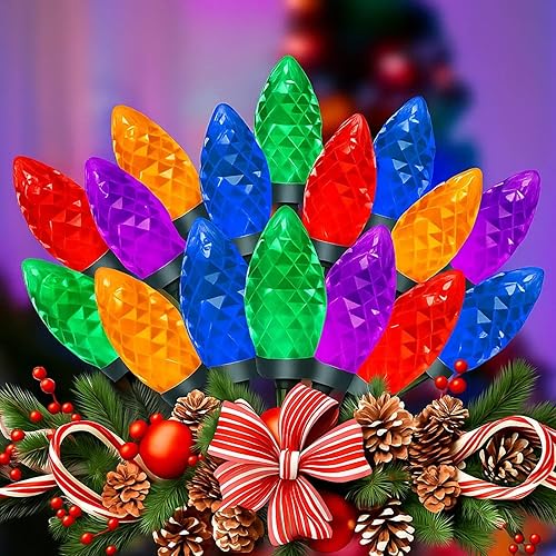 50 luces de Navidad C9 para exteriores, tira de luces LED multicolor de corte de diamante de 26 pies, luces de Navidad vintage conectables de