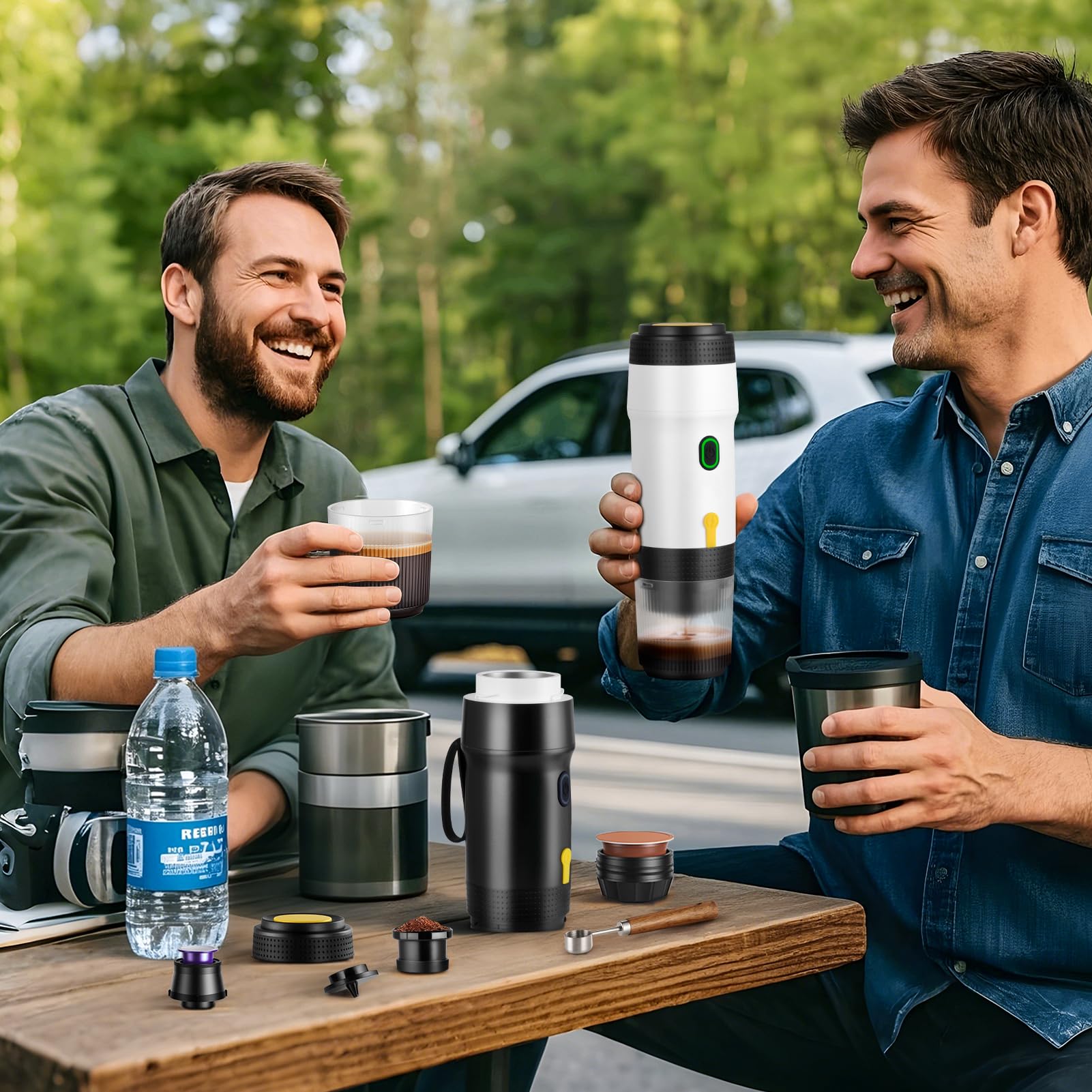 ICARE Macchina Caffe Portatile, Caffettiera Portatile 3-in-1, 20BAR, 92°C Estrazione, 7500mAh, Ricarica USB/12V Auto, Macchina Caffè Espresso per Capsule e Caffè Macinato (Nero)